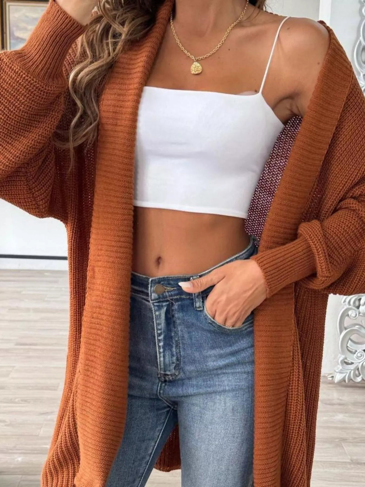 Ribbad långärmad cardigan med öppen modell – bild 2