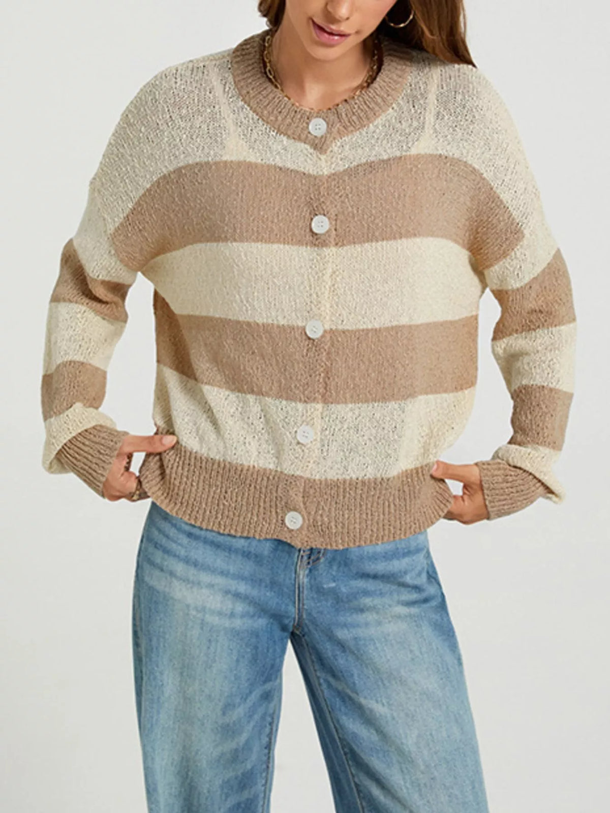 Randig ribbad cardigan med knappstängning i polyester – bild 5