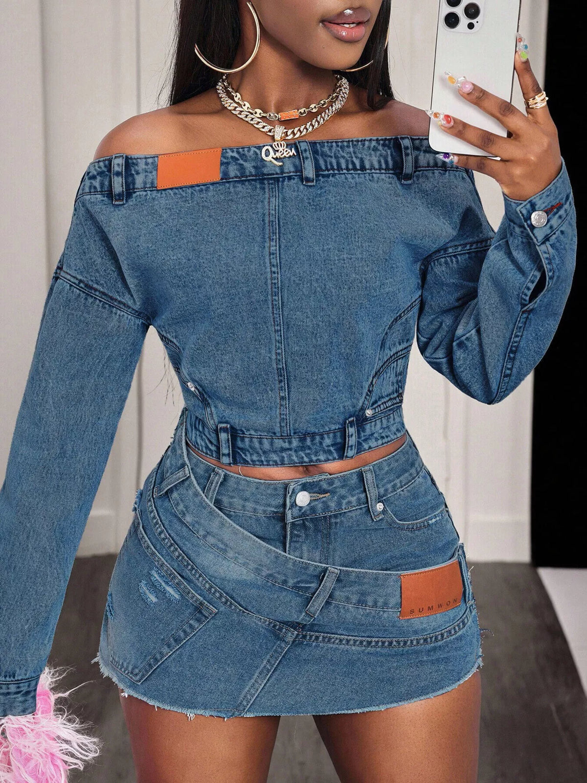 Offshoulder topp i denim – bild 5