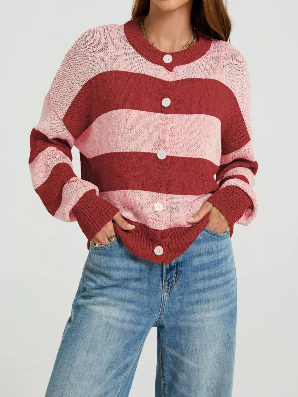 Randig ribbad cardigan med knappstängning i polyester – bild 7
