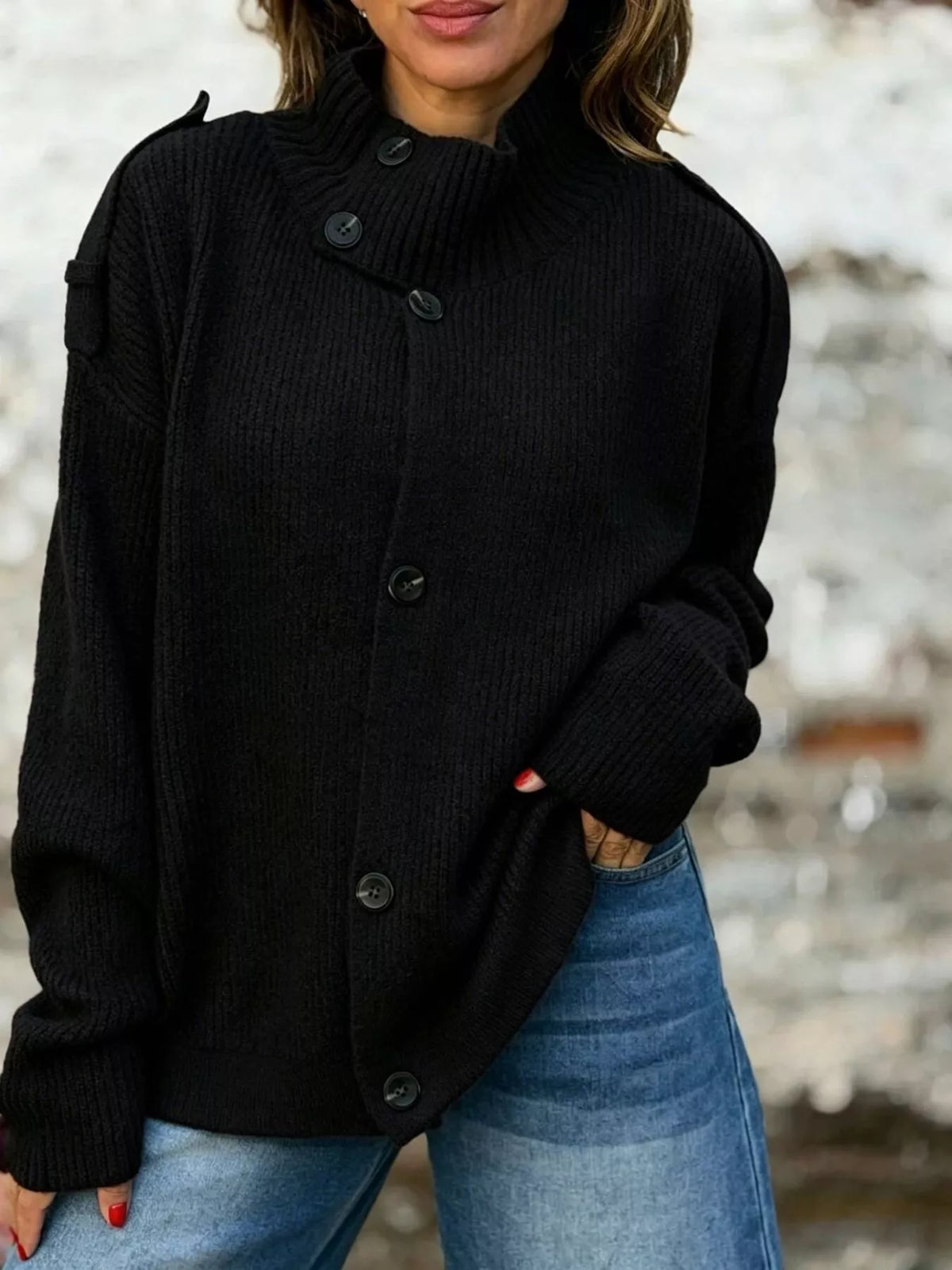Ribbad cardigan med hög halsringning – bild 9