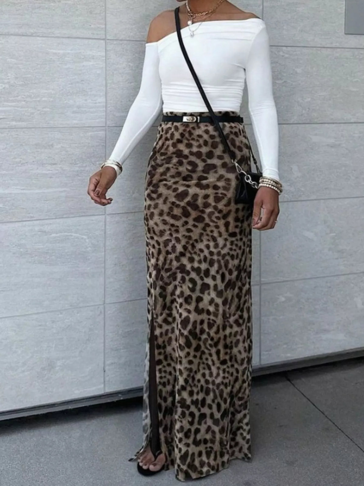 Leopardmönstrad maxikjol med hög midja – bild 5
