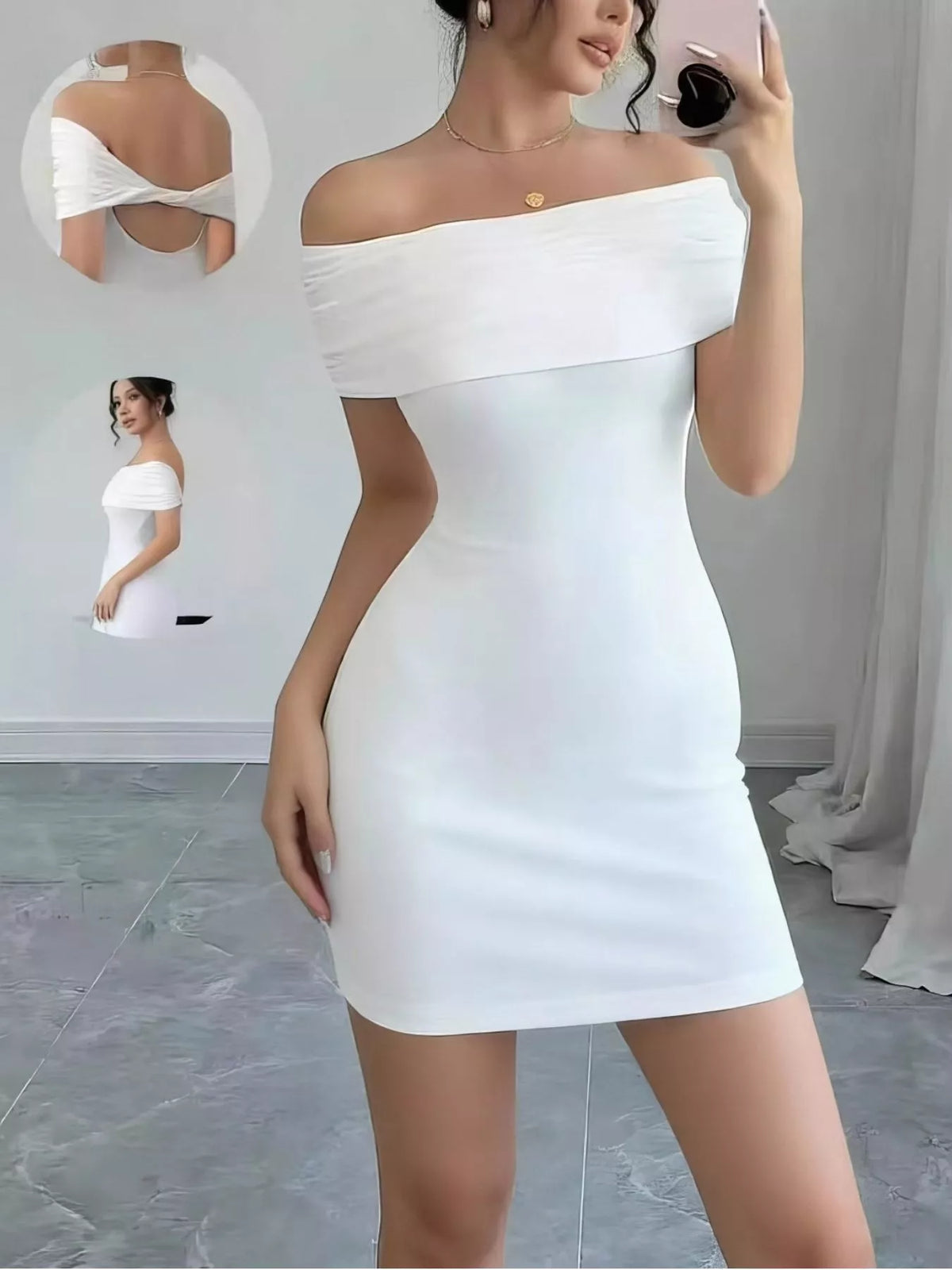 Figurnära offshoulder miniklänning med öppen rygg