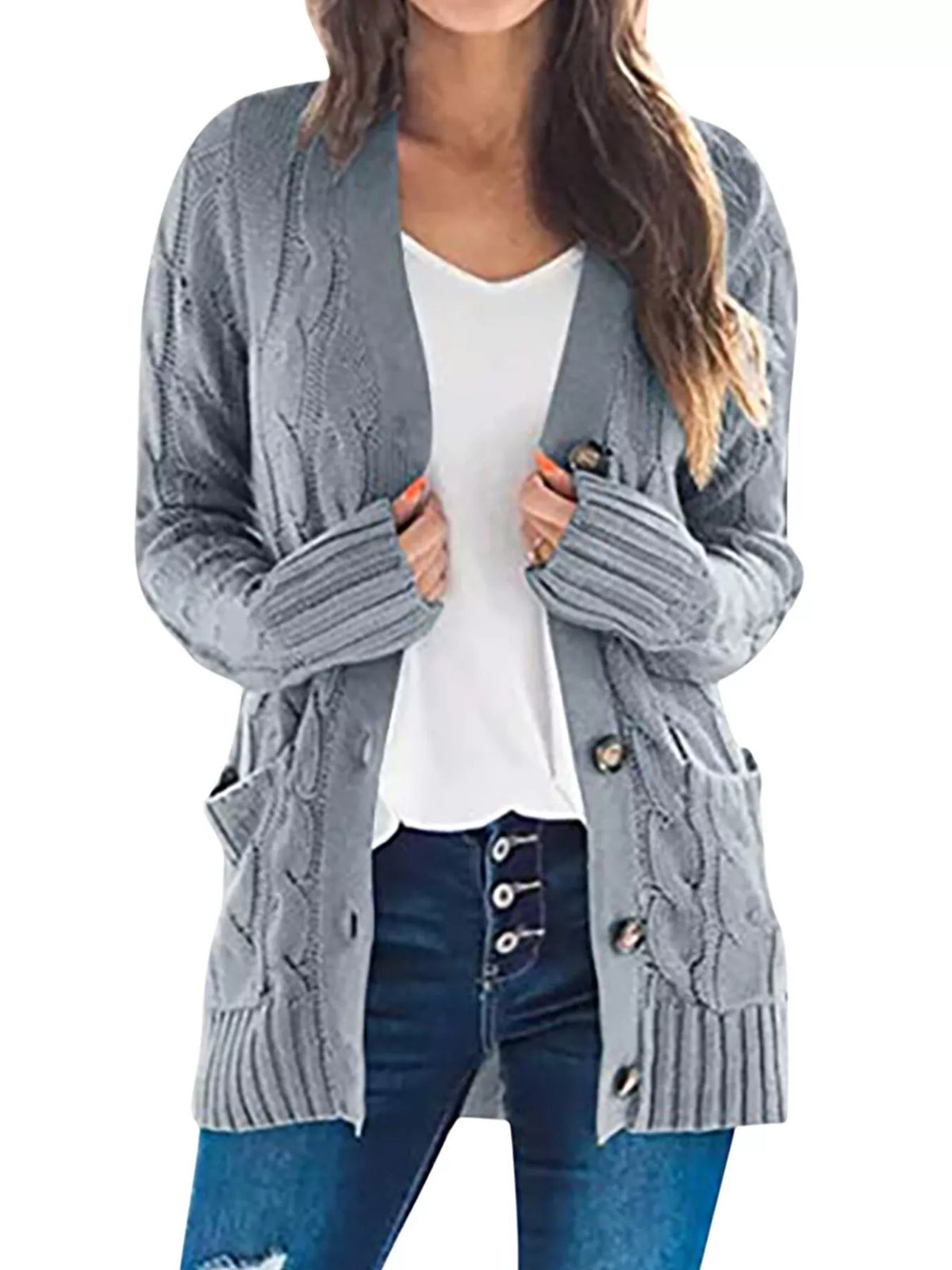 Grovstickad cardigan med knappstängning – bild 6
