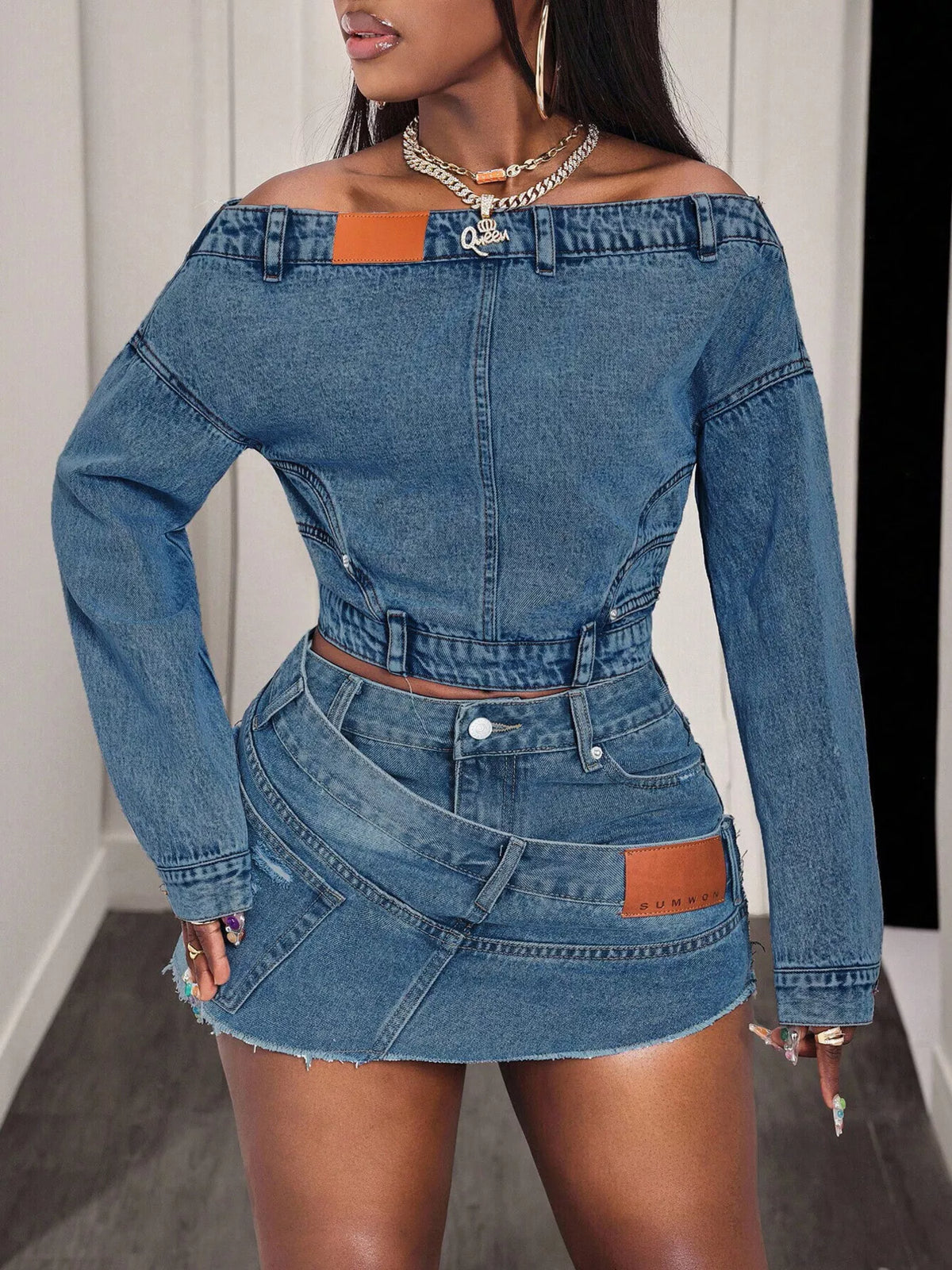 Offshoulder topp i denim – bild 3