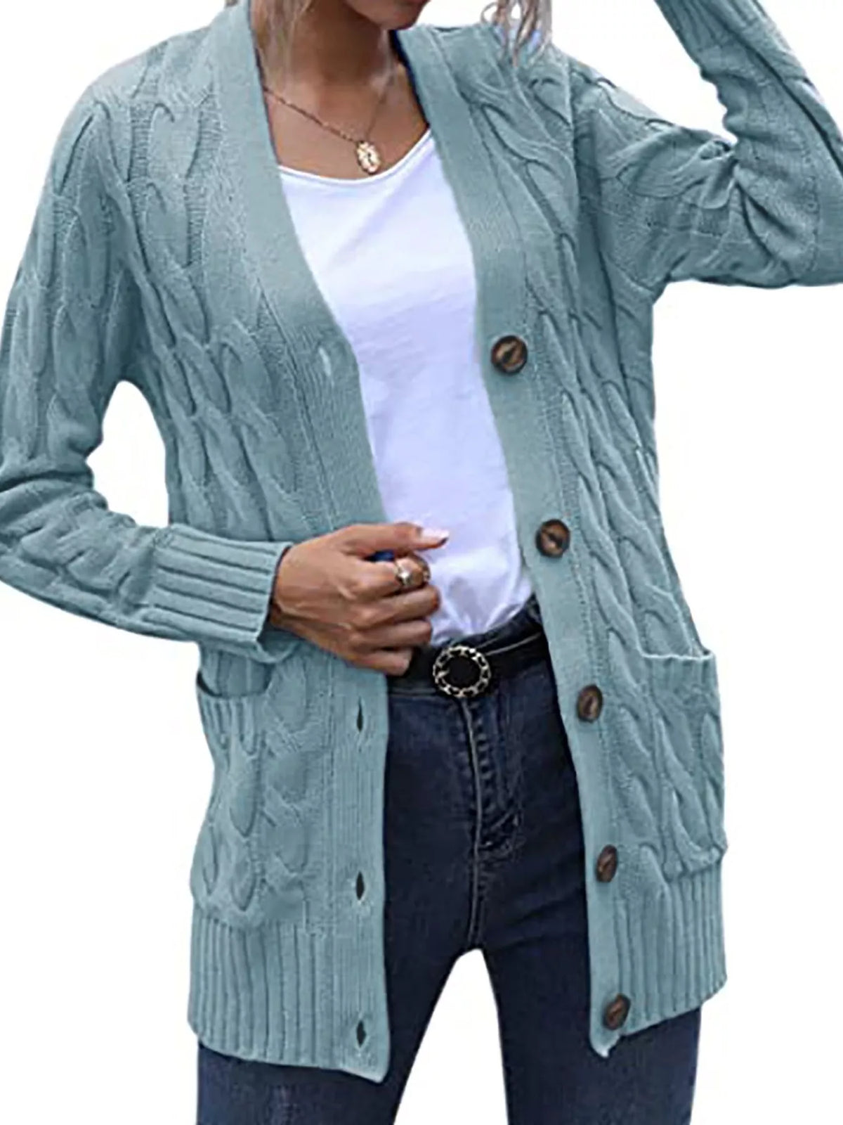 Grovstickad cardigan med knappstängning – bild 3