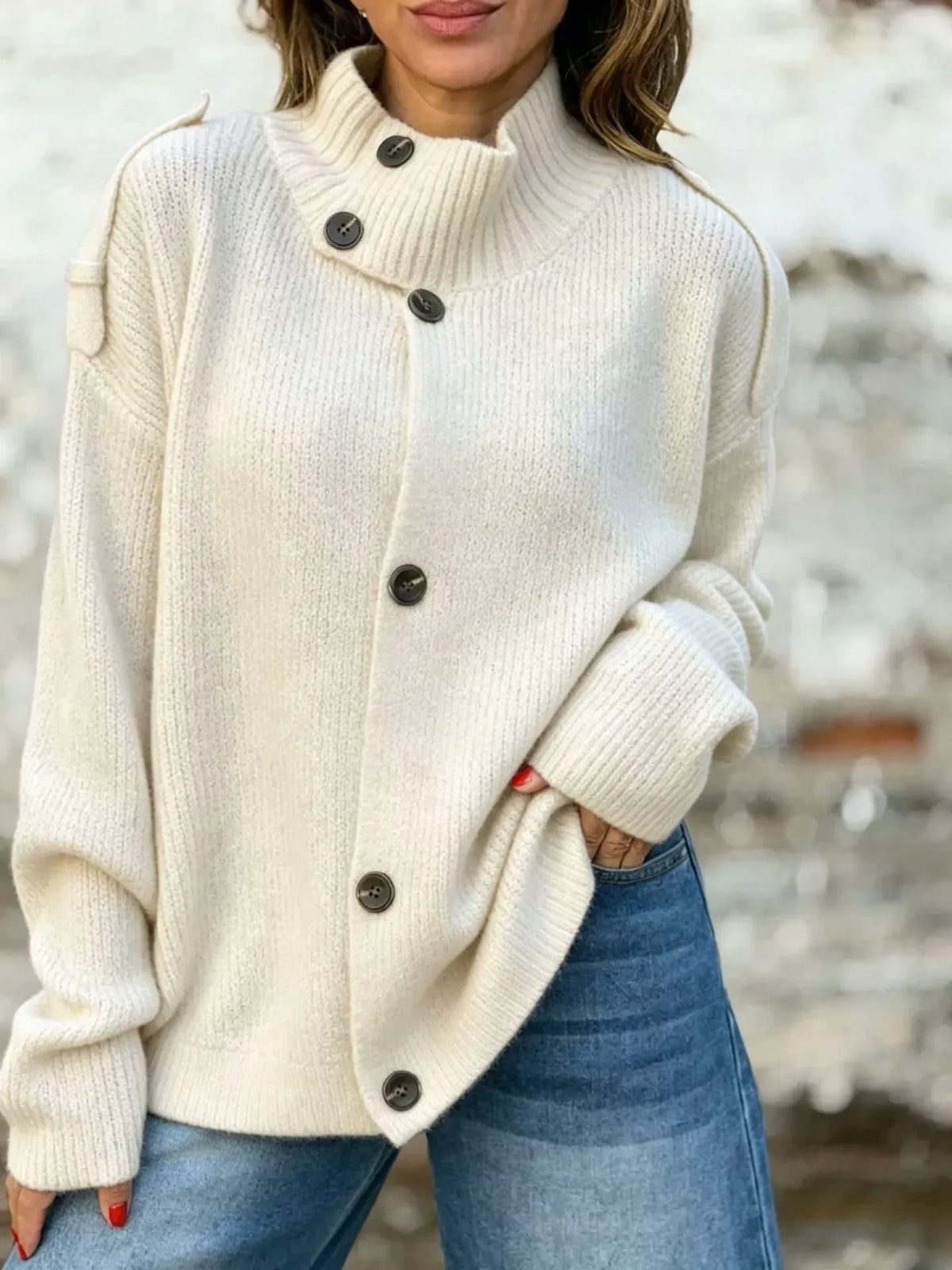 Ribbad cardigan med hög halsringning – bild 13