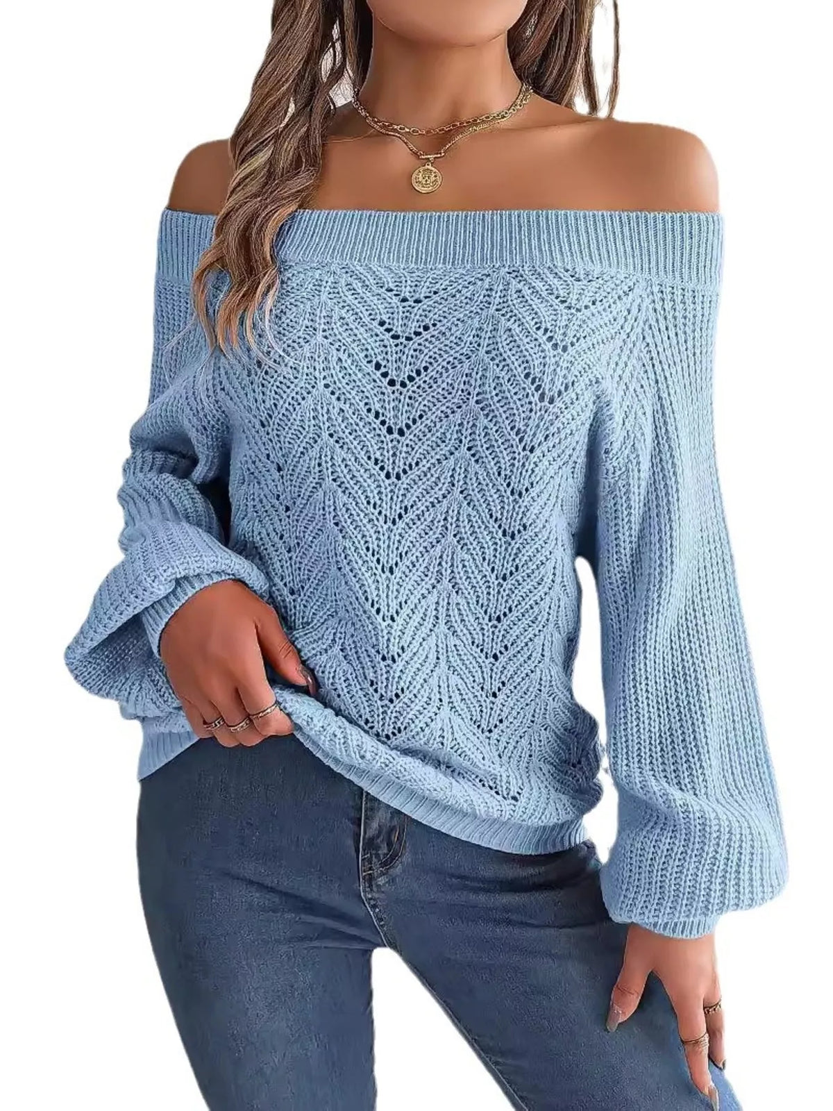 Hålmönstrad offshoulder tröja – bild 10