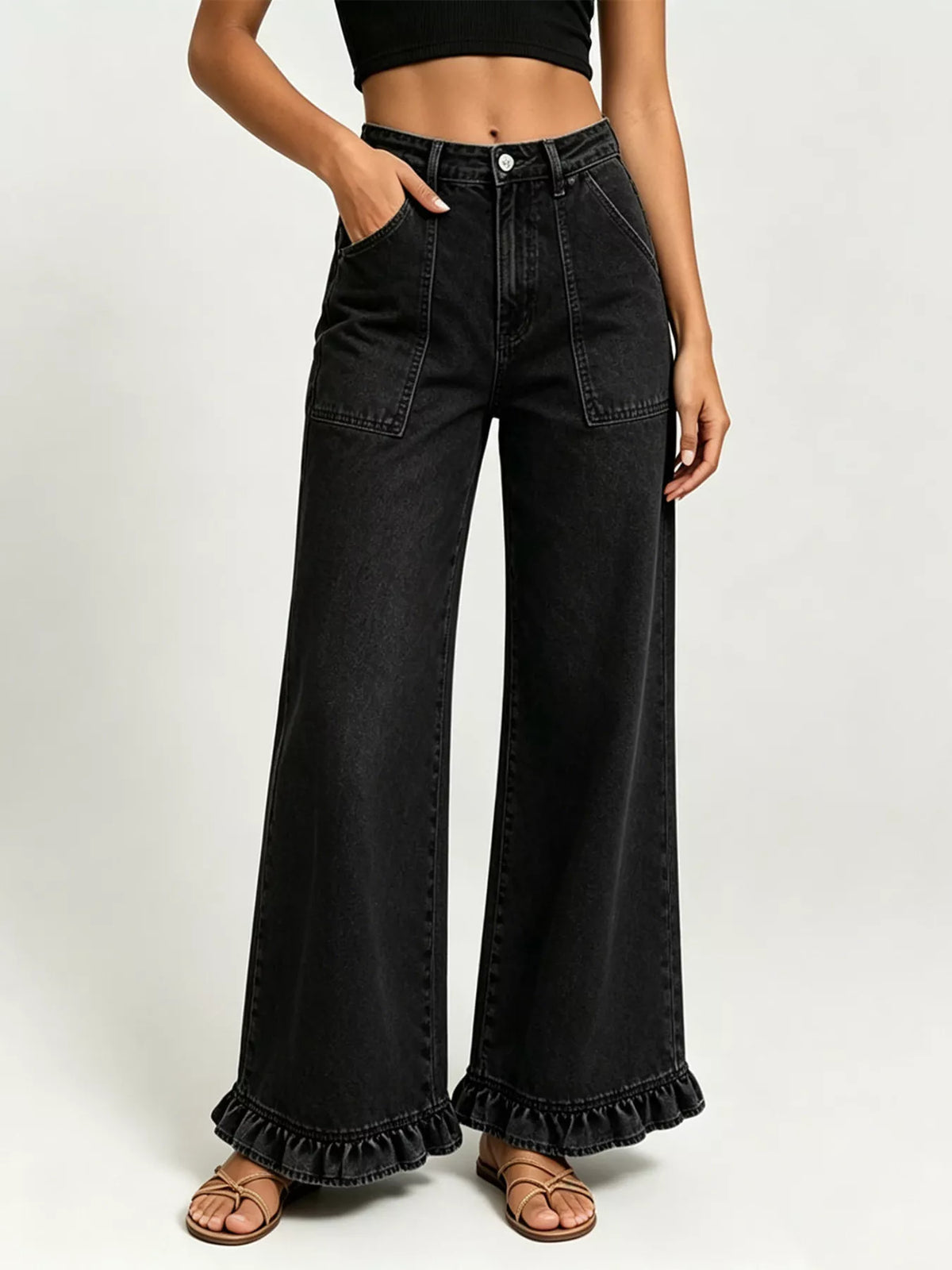 Vida jeans med hög midja och volang – bild 2