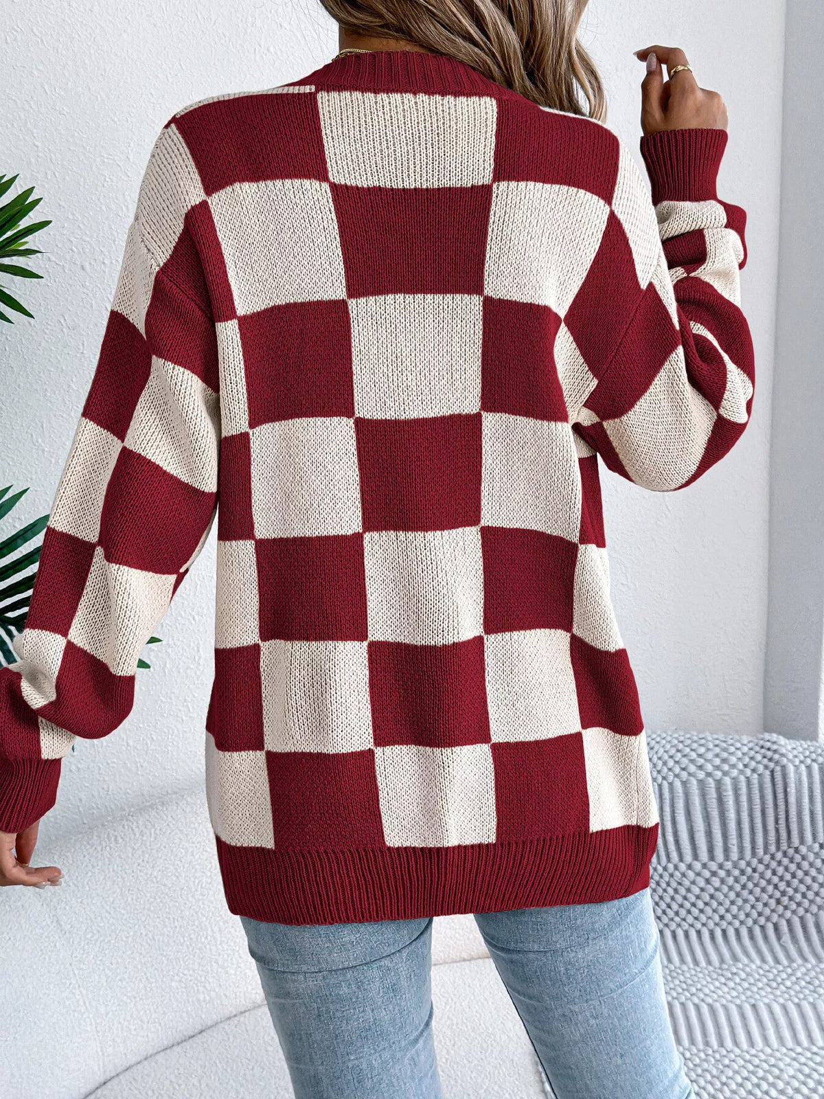 Rutmönstrad cardigan med öppen modell – bild 14