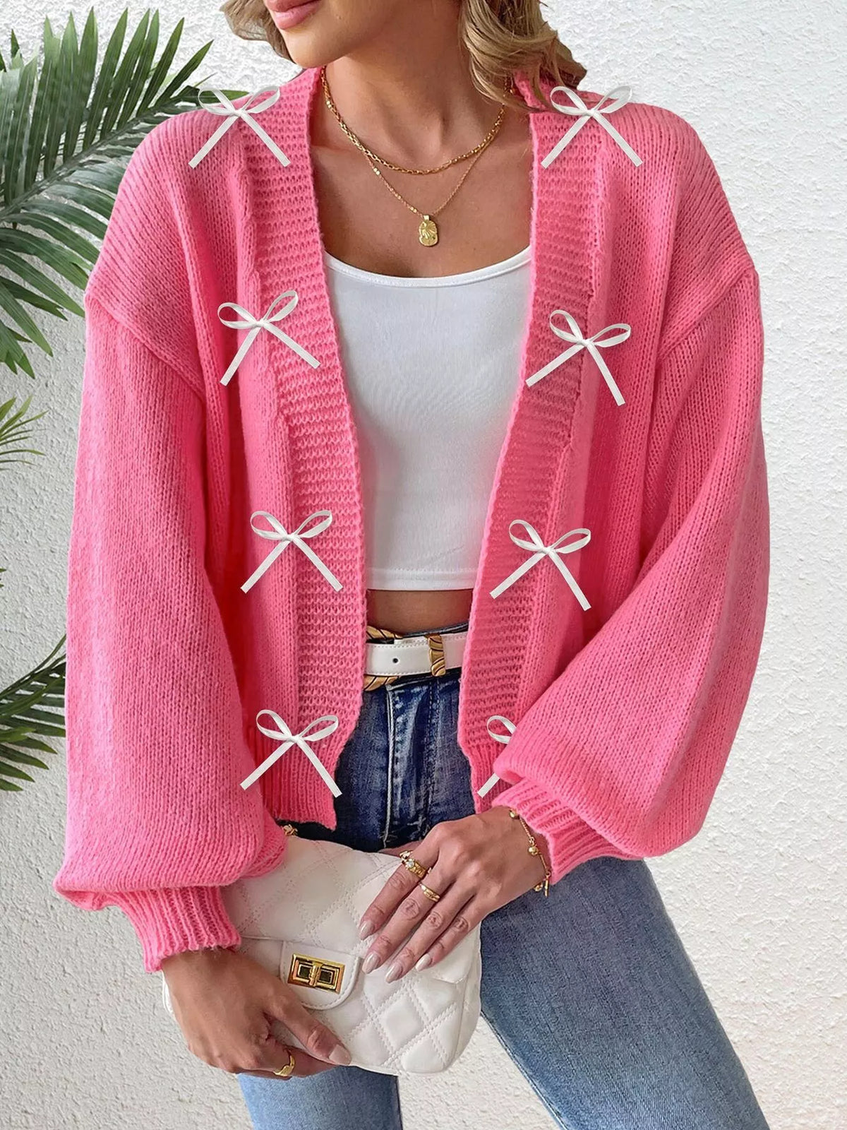 Cardigan med öppen modell och rosett – bild 4