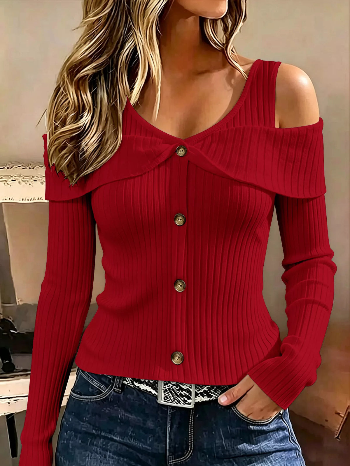 Ribbad offshoulder topp med knappstängning – bild 19