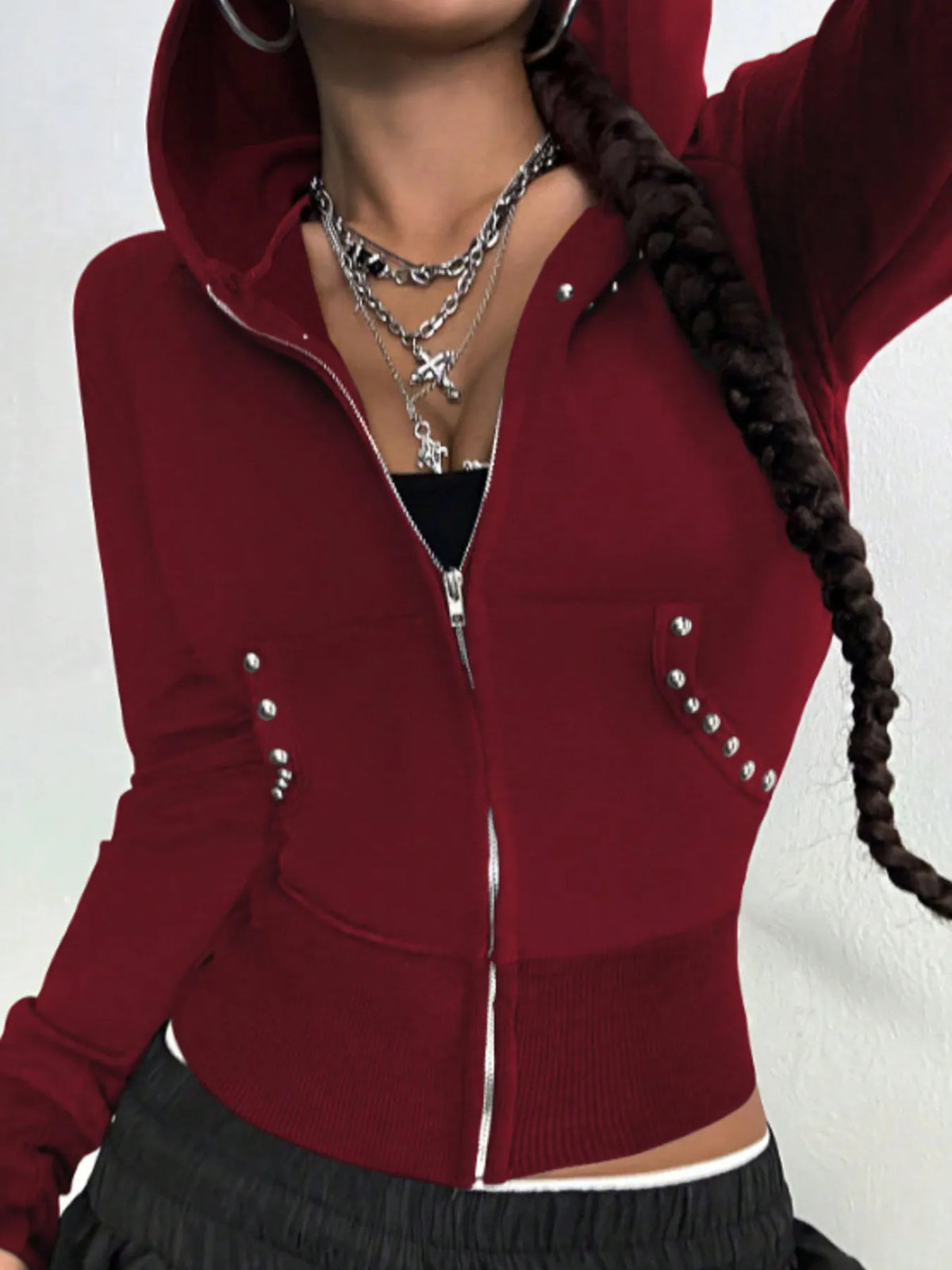 Ribbad långärmad hoodie med dragkedja – bild 16