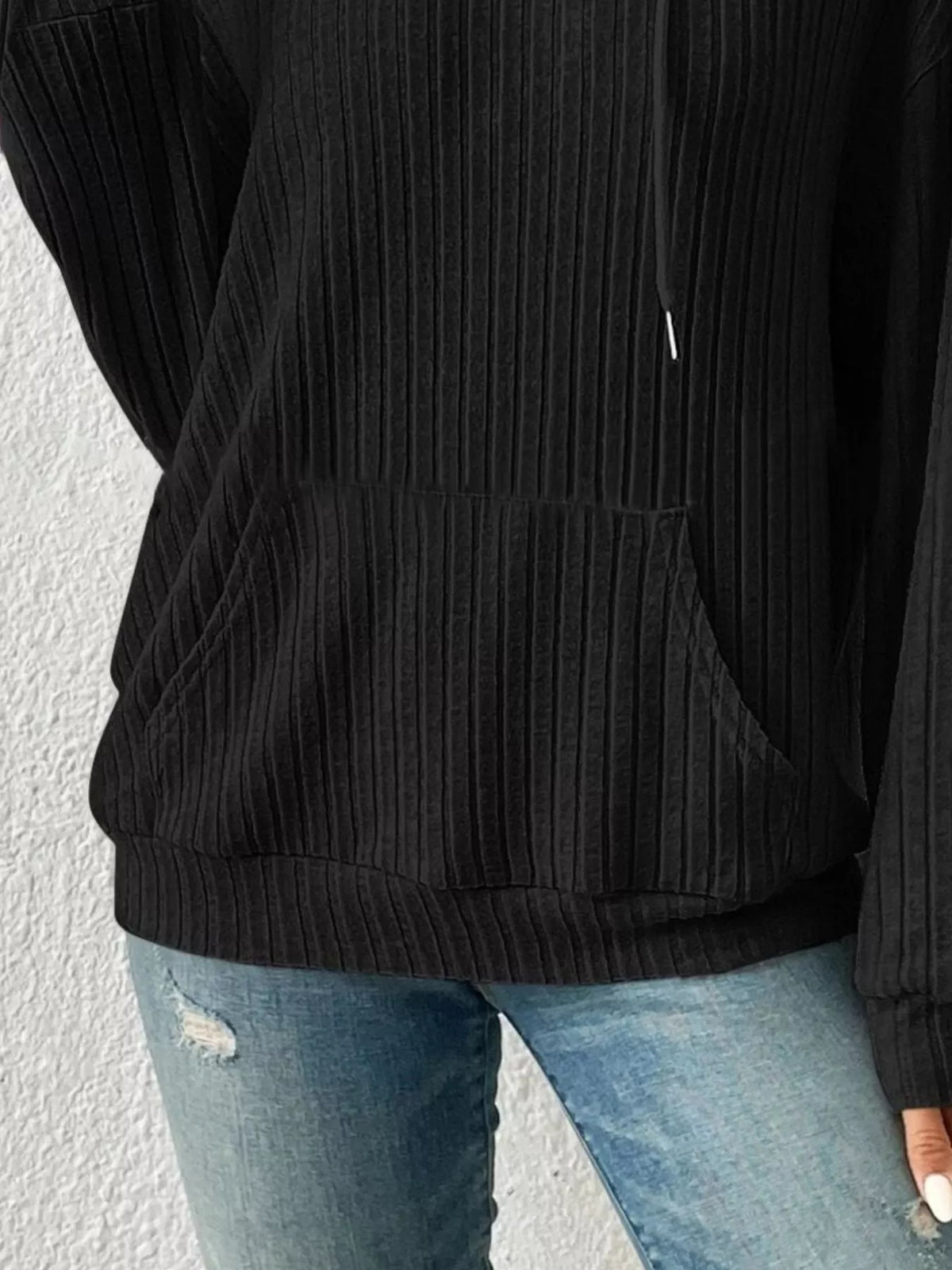 Ribbad långärmad hoodie med dragsko – bild 6