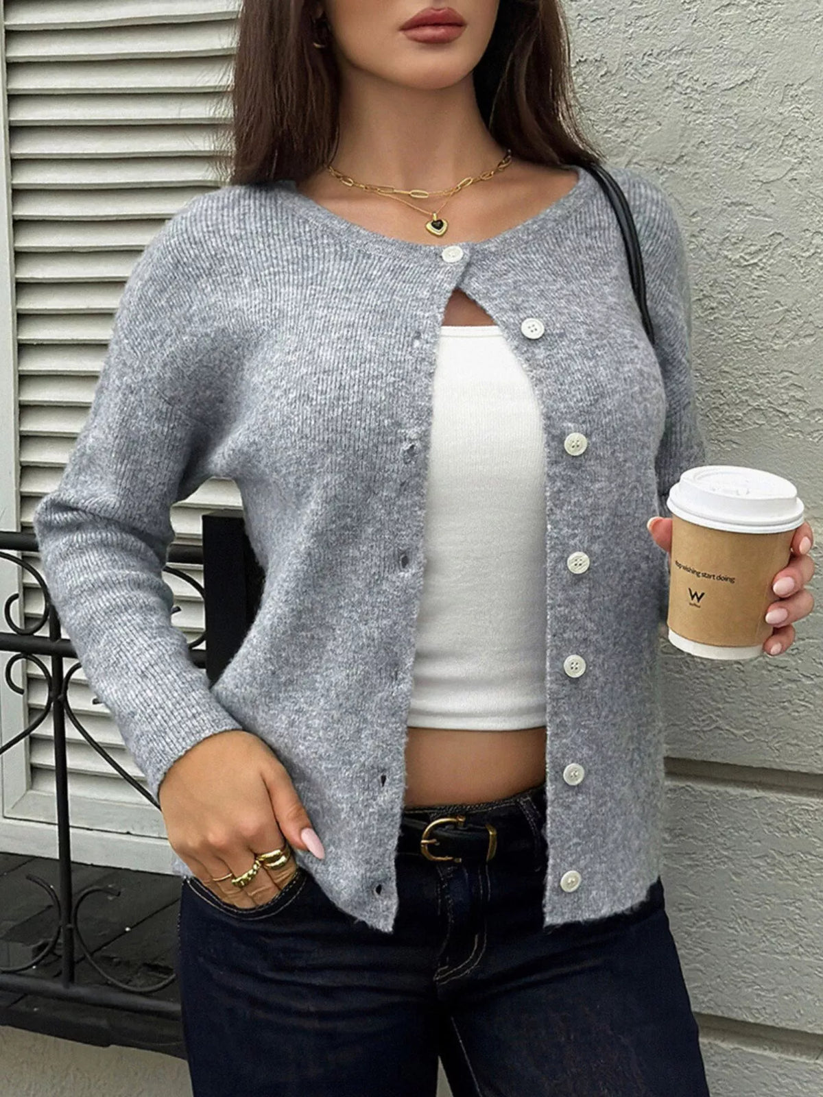 Ribbad cardigan med knappstängning – bild 3