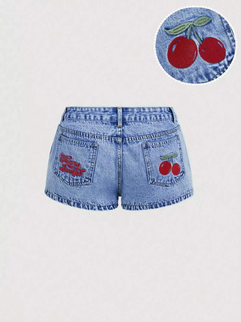 Broderade shorts med körsbärsmotiv