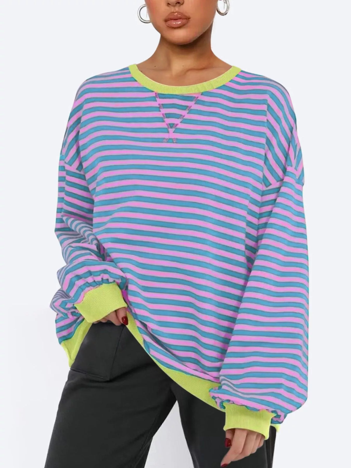 Randig ribbad sweatshirt med rund halsringning – bild 9