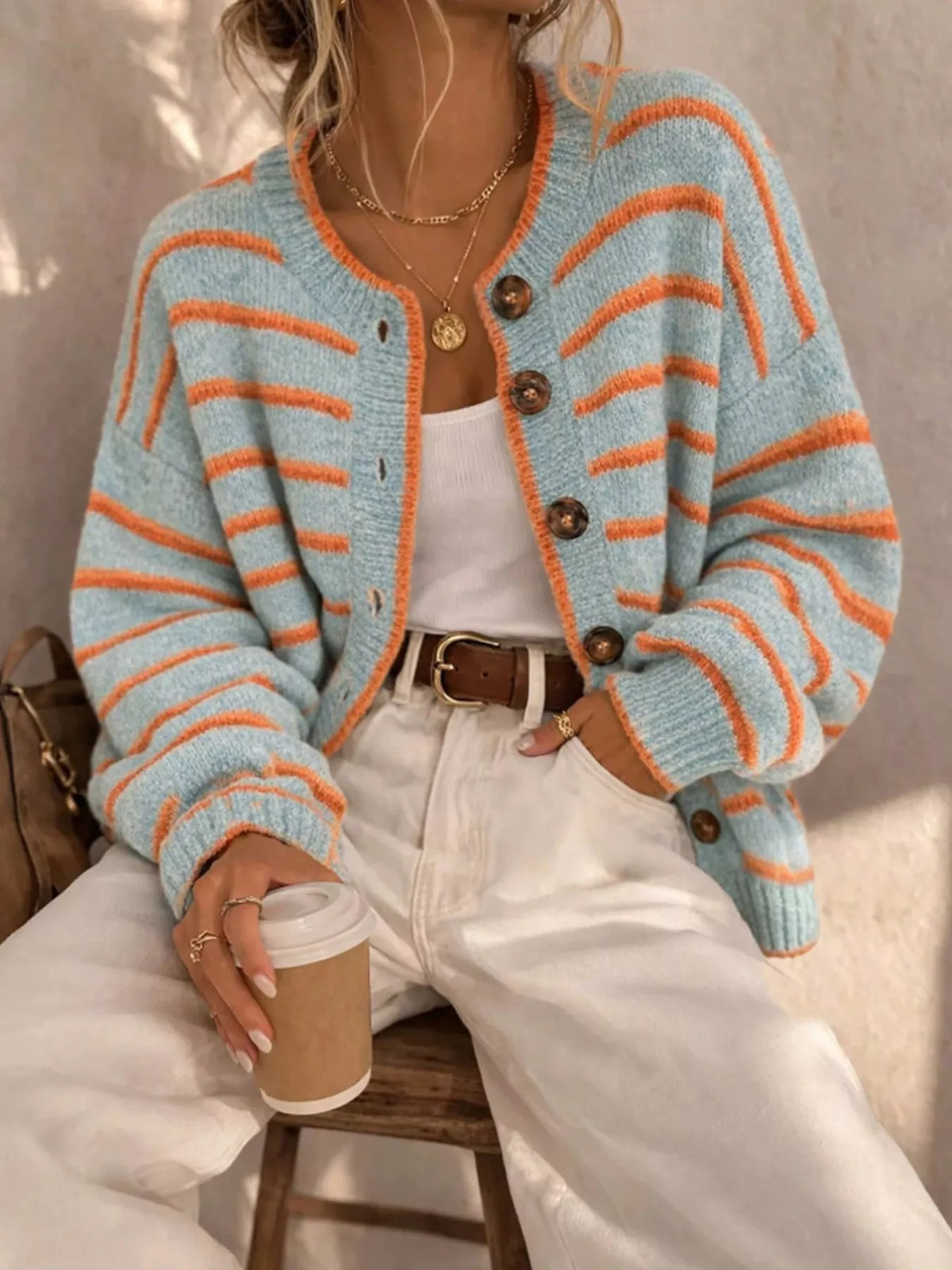 Randig stickad cardigan med knappstängning i polyester – bild 3