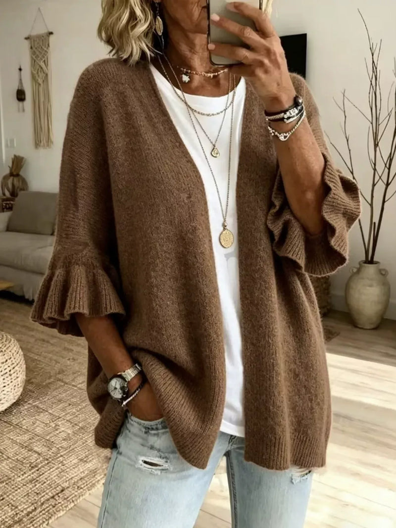 Ribbad cardigan med öppen modell och volang
