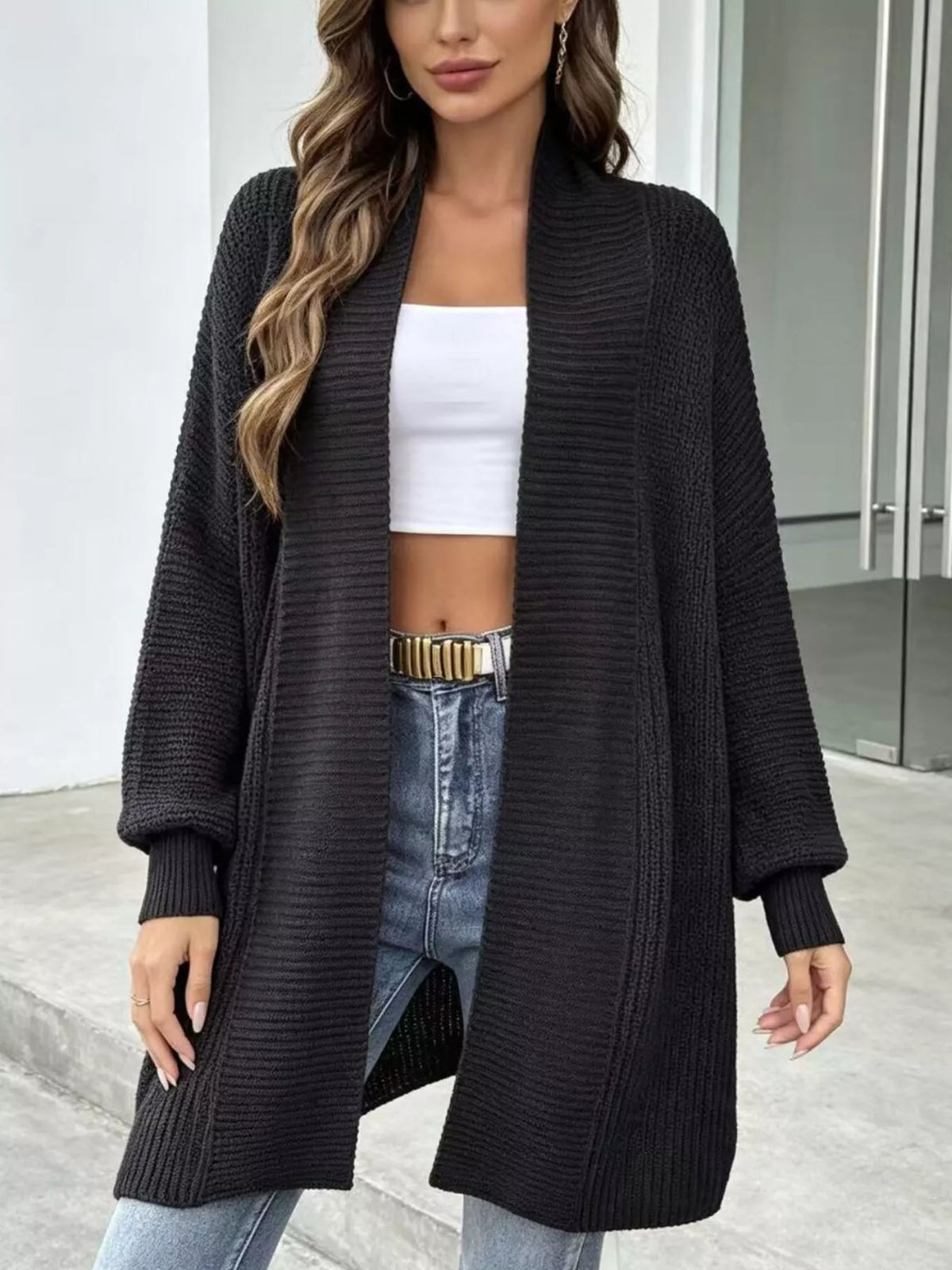 Ribbad långärmad cardigan med öppen modell – bild 3