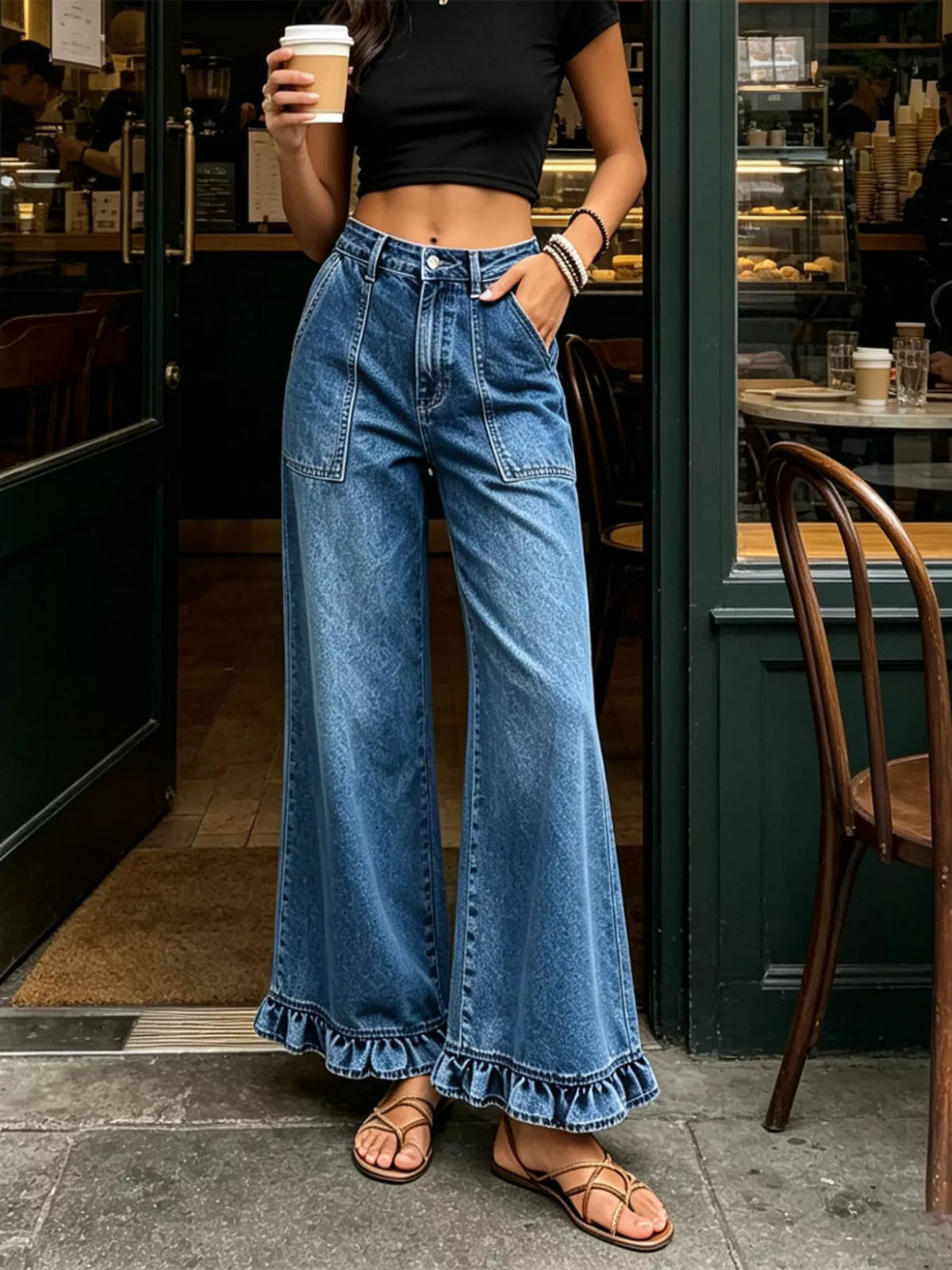 Vida jeans med hög midja och volang – bild 6