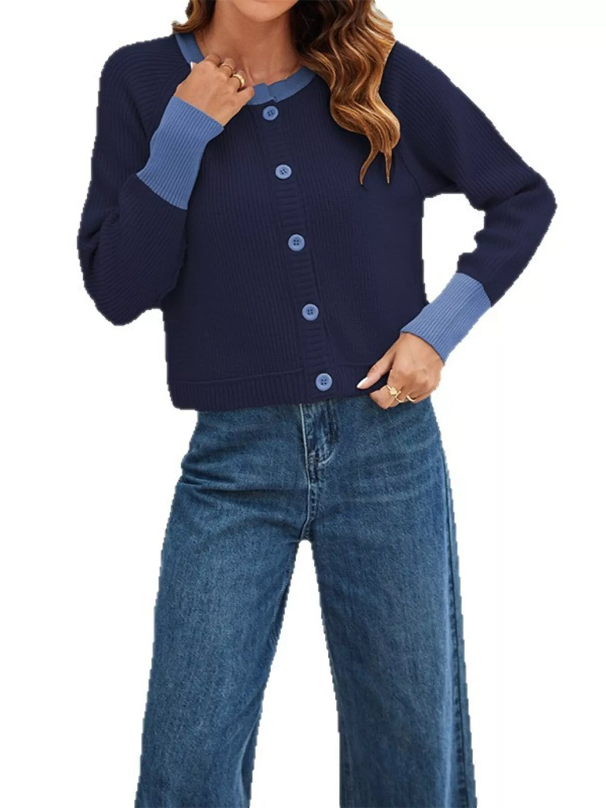 Ribbad cardigan med färgblock – bild 10