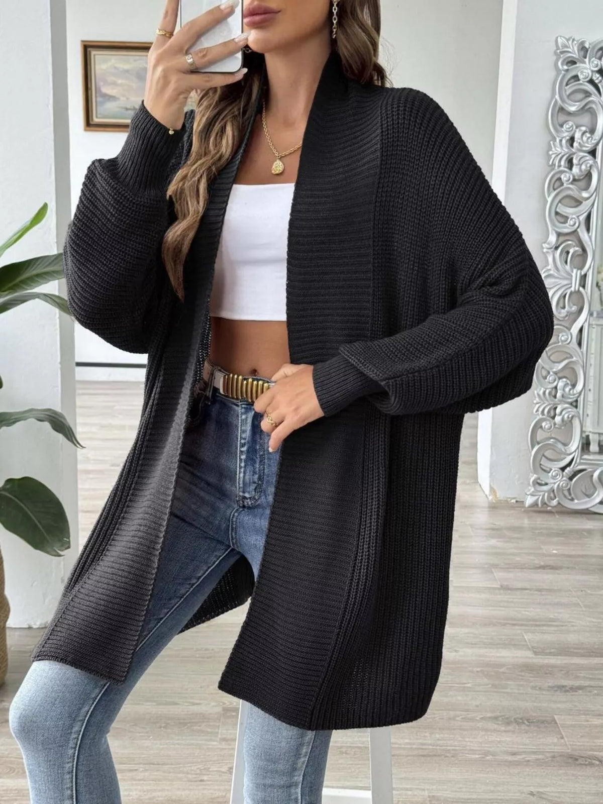 Ribbad långärmad cardigan med öppen modell – bild 4
