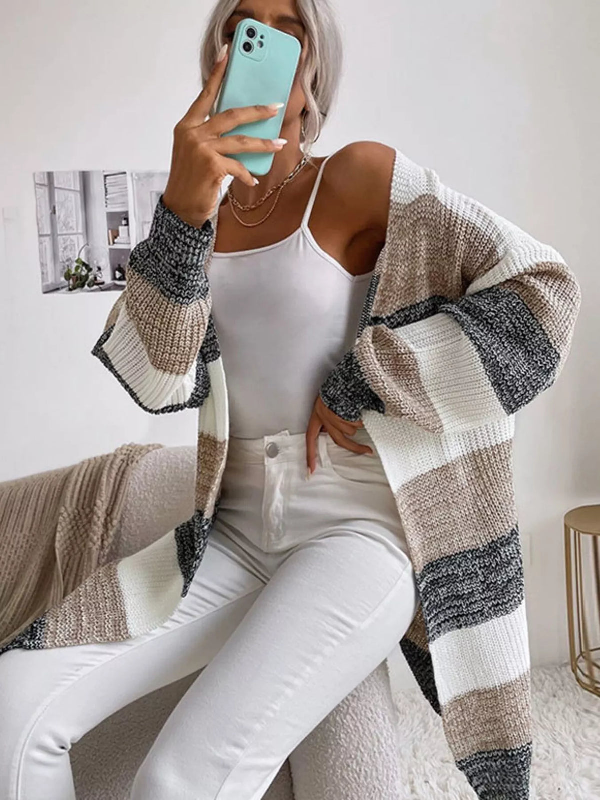Randig cardigan med färgblock – bild 2