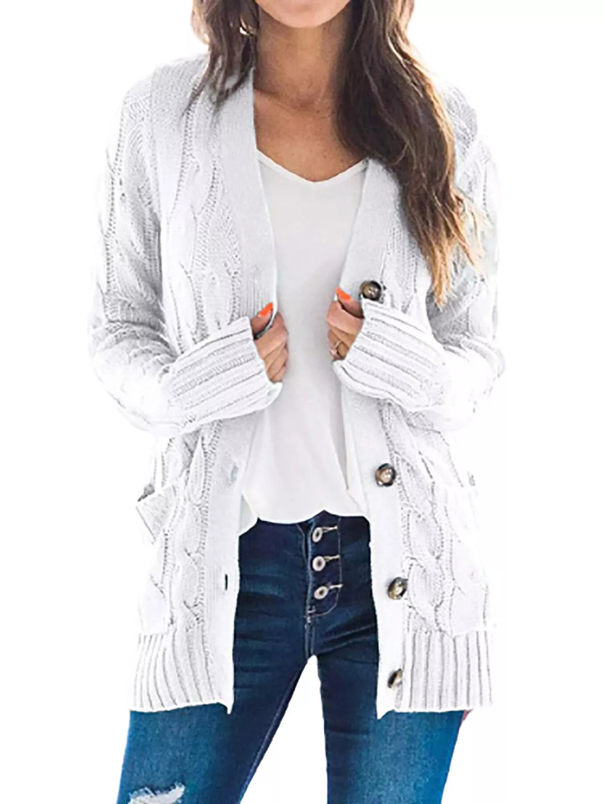 Grovstickad cardigan med knappstängning – bild 9