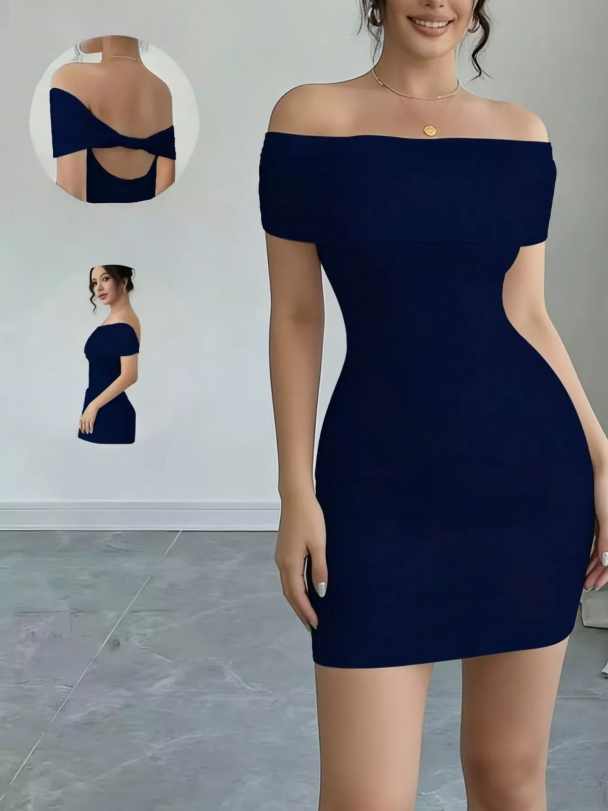 Figurnära offshoulder miniklänning med öppen rygg – bild 4