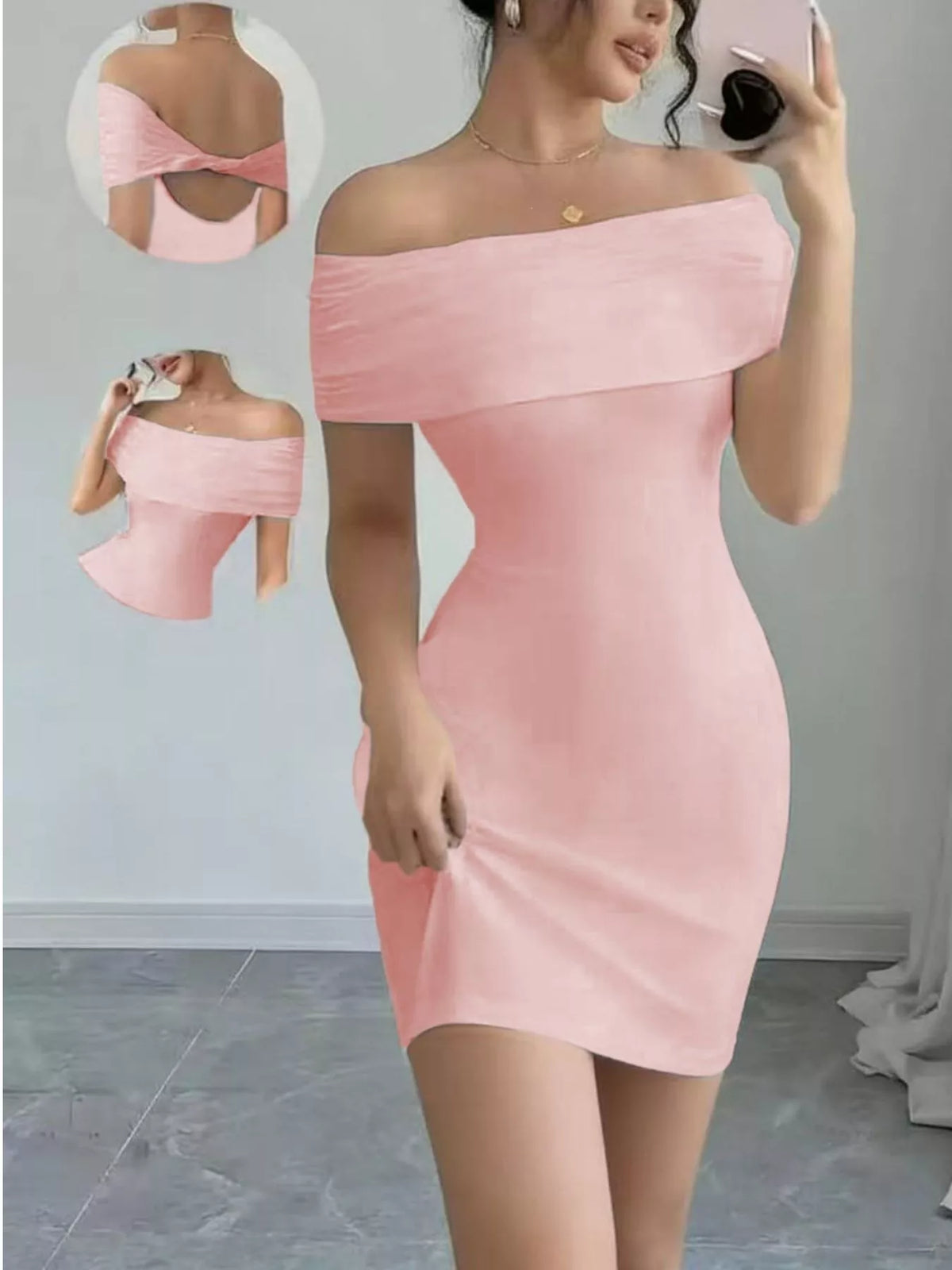 Figurnära offshoulder miniklänning med öppen rygg – bild 7