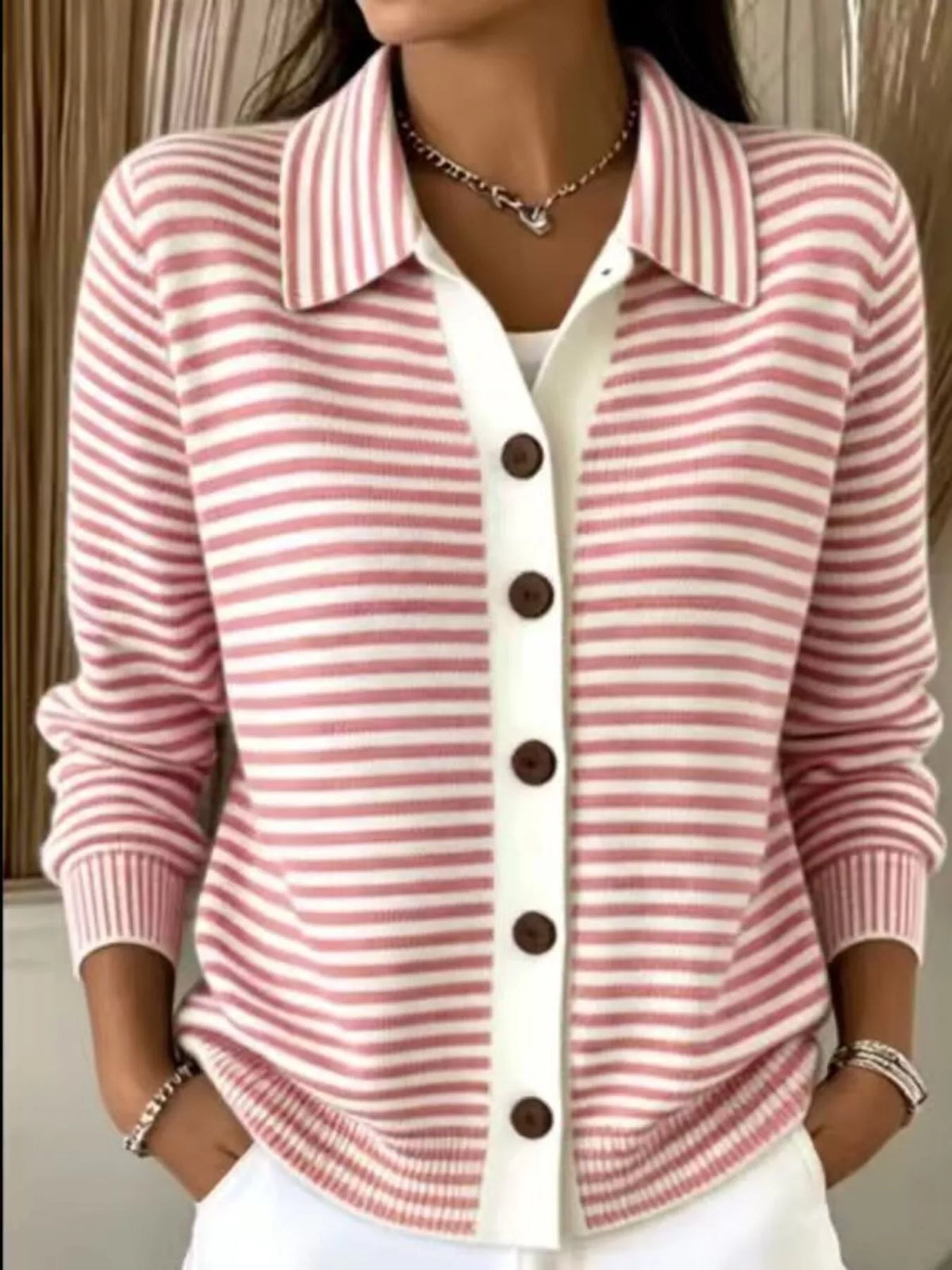Randig cardigan med krage – bild 9