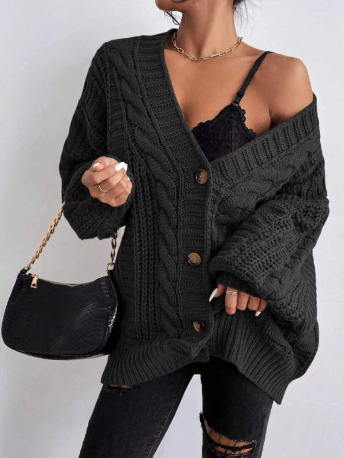 Kabelstickad oversize cardigan – bild 5