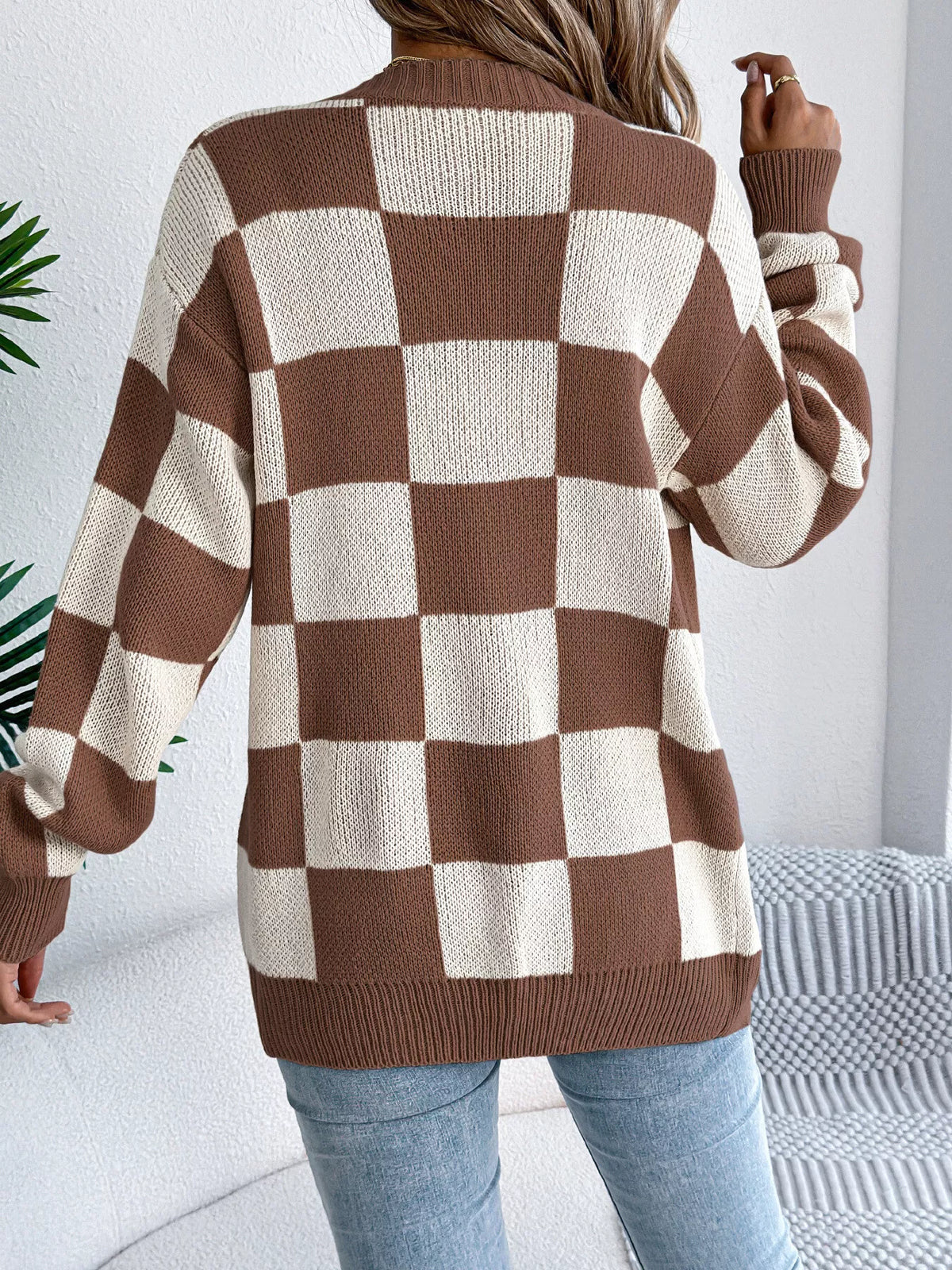Rutmönstrad cardigan med öppen modell – bild 8