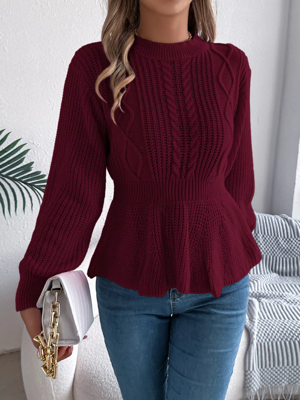 Kabelstickad tröja med peplum – bild 17