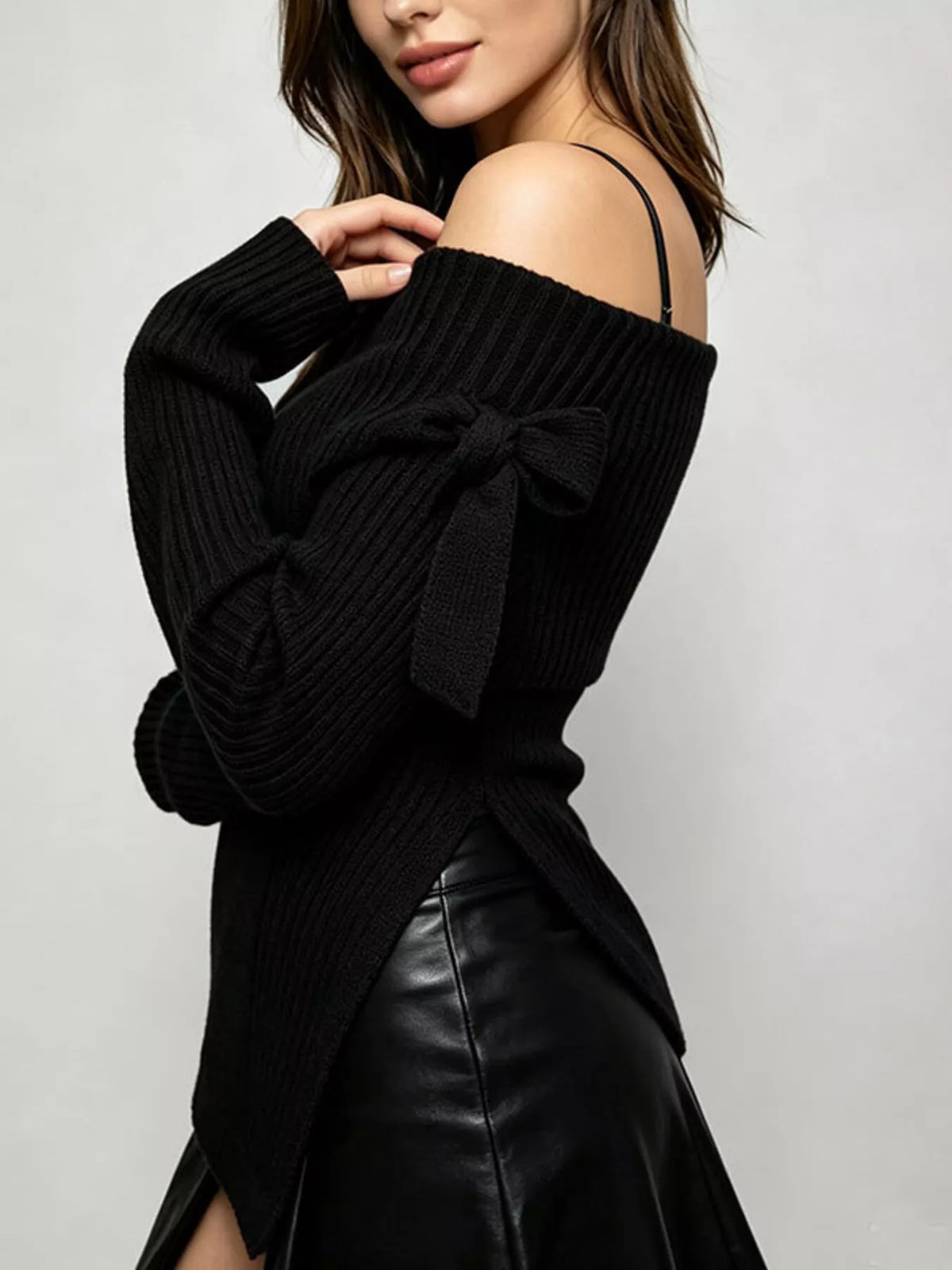 Ribbad offshoulder topp med rosett – bild 12
