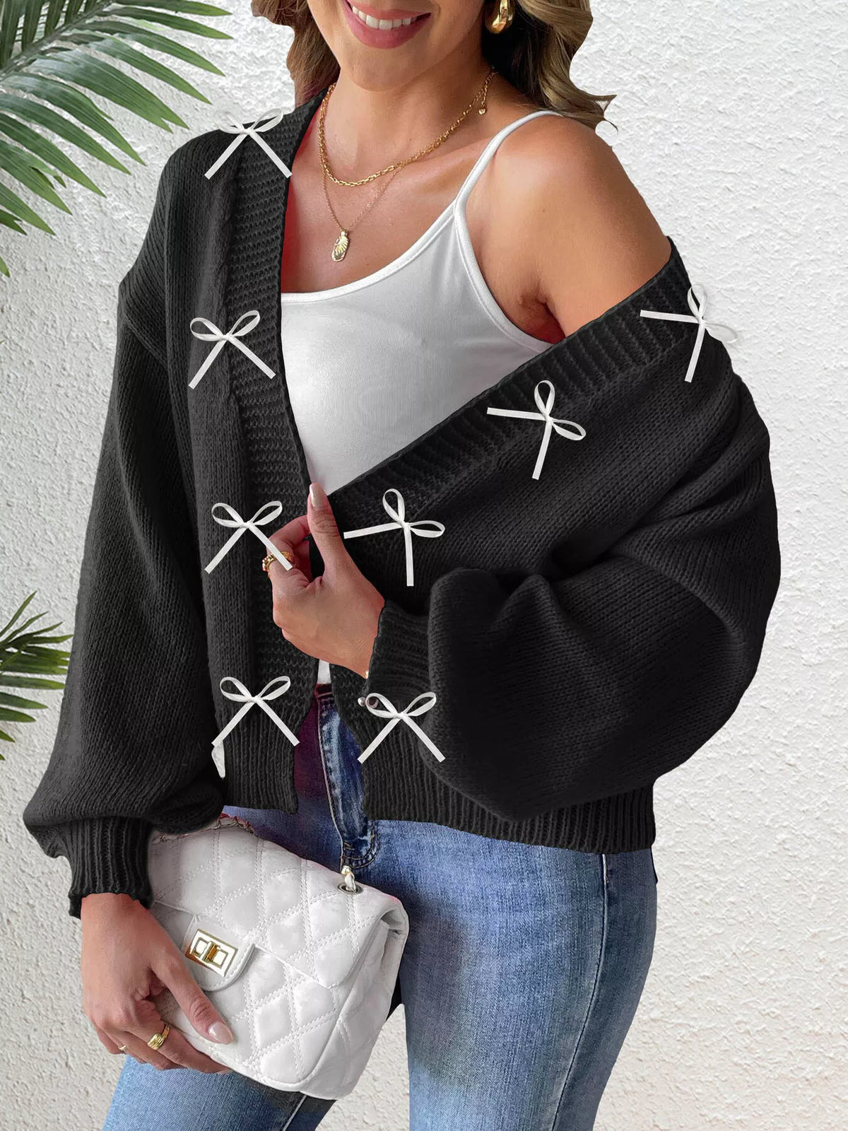Cardigan med öppen modell och rosett – bild 8