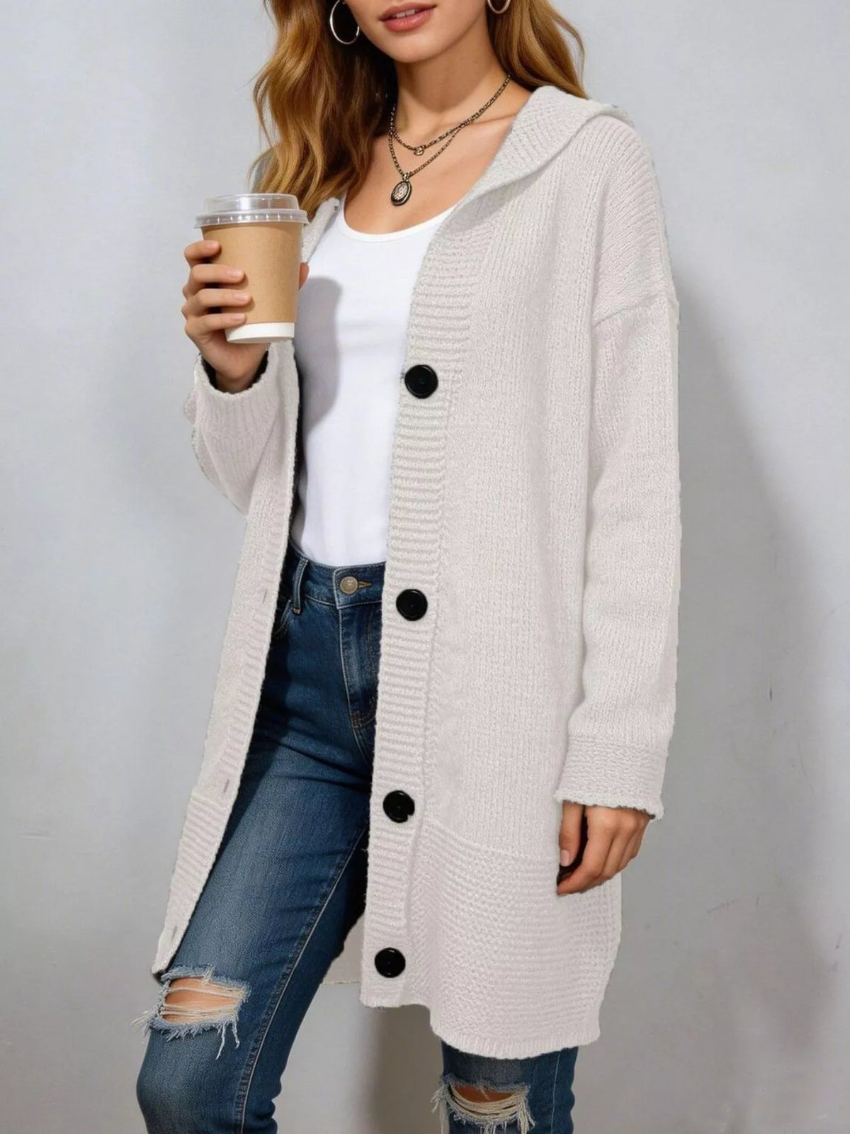 Ribbad cardigan med huva – bild 4