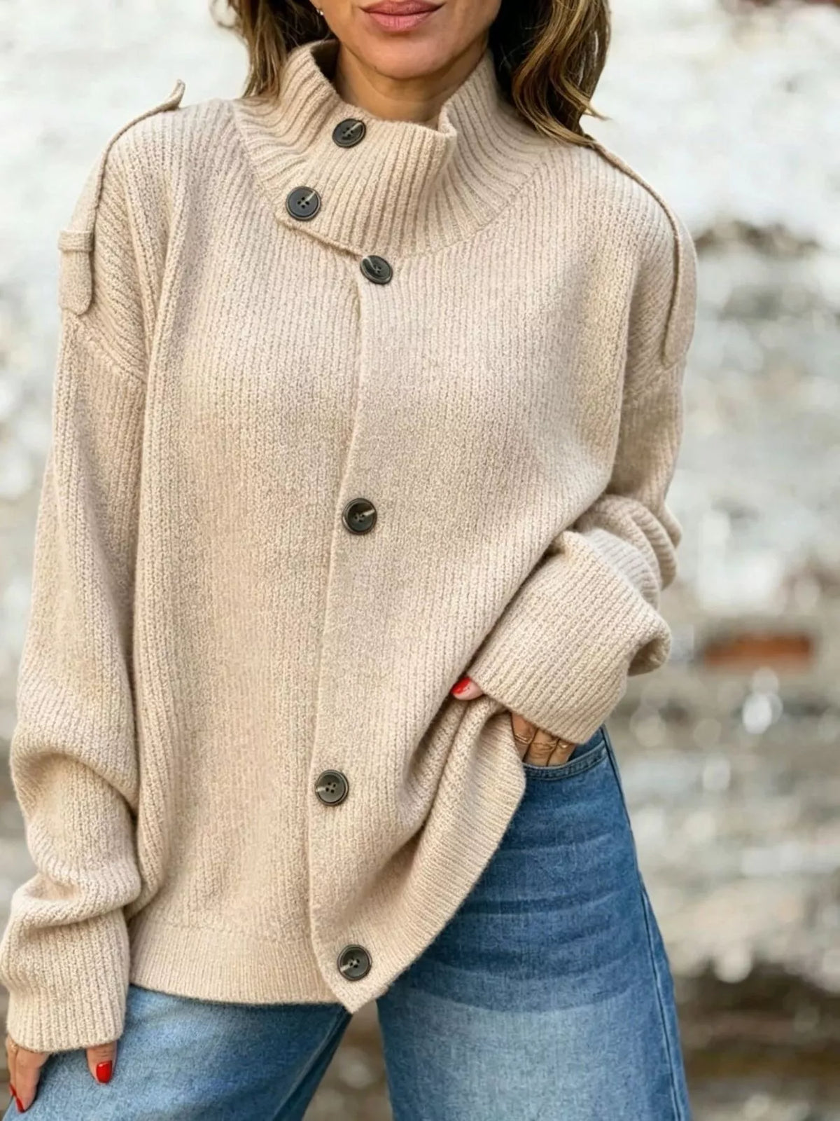 Ribbad cardigan med hög halsringning – bild 3