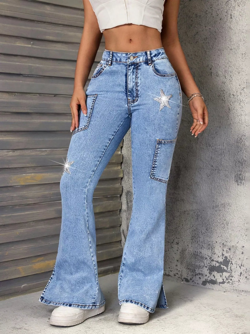 Utsvängda jeans med stjärnmotiv