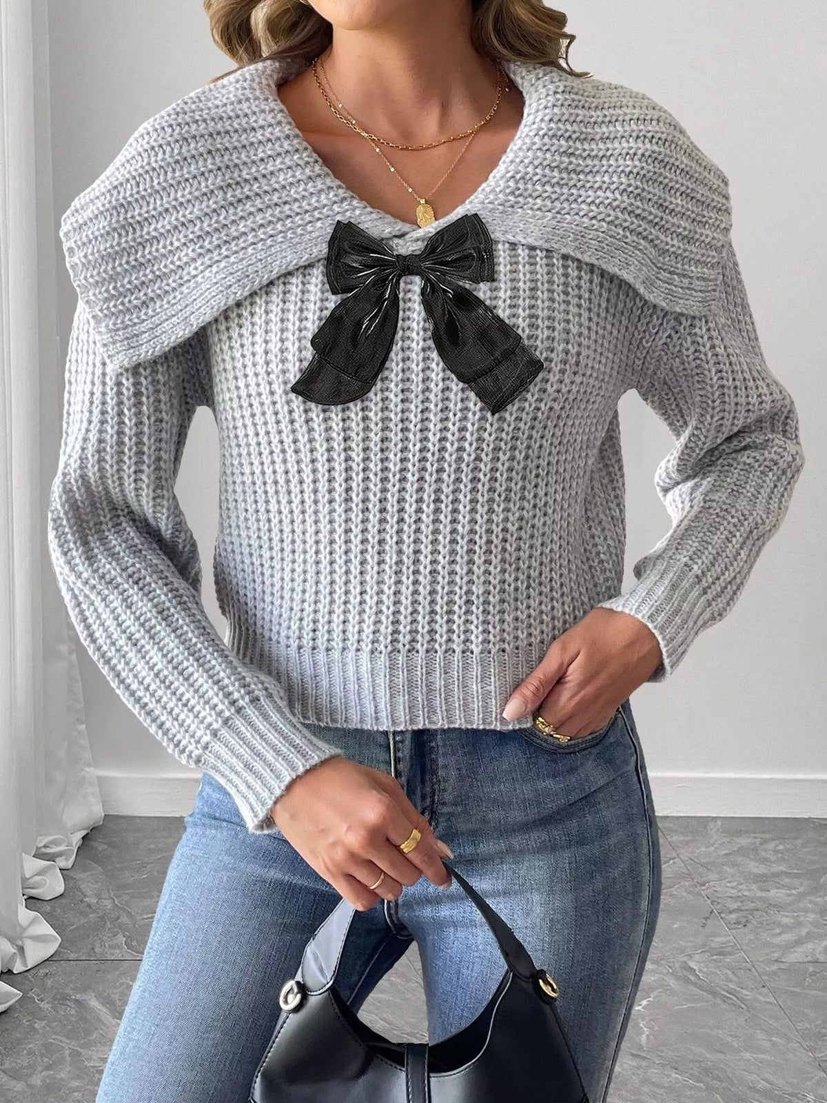Våffelstickad långärmad tröja med rosett – bild 10