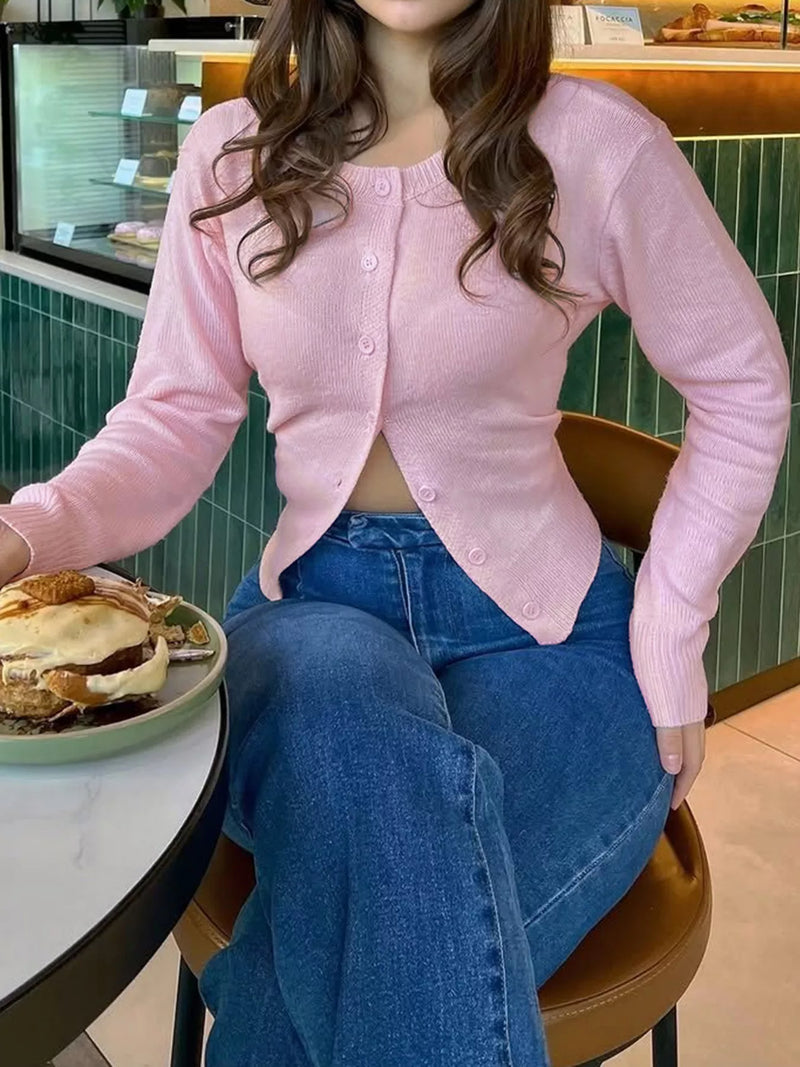Slimmad cardigan med knappstängning i akryl – Rosa