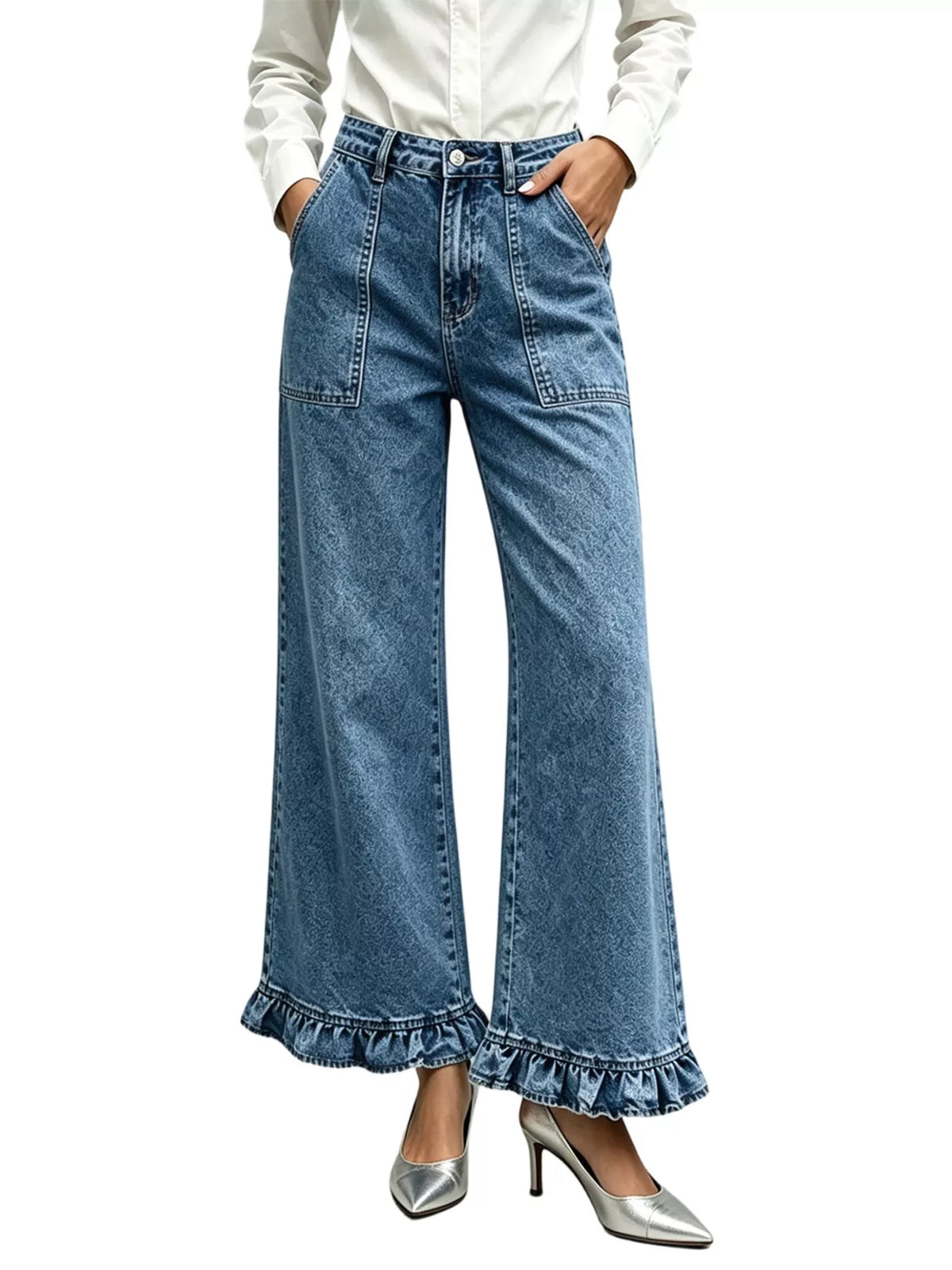 Vida jeans med hög midja och volang – bild 10
