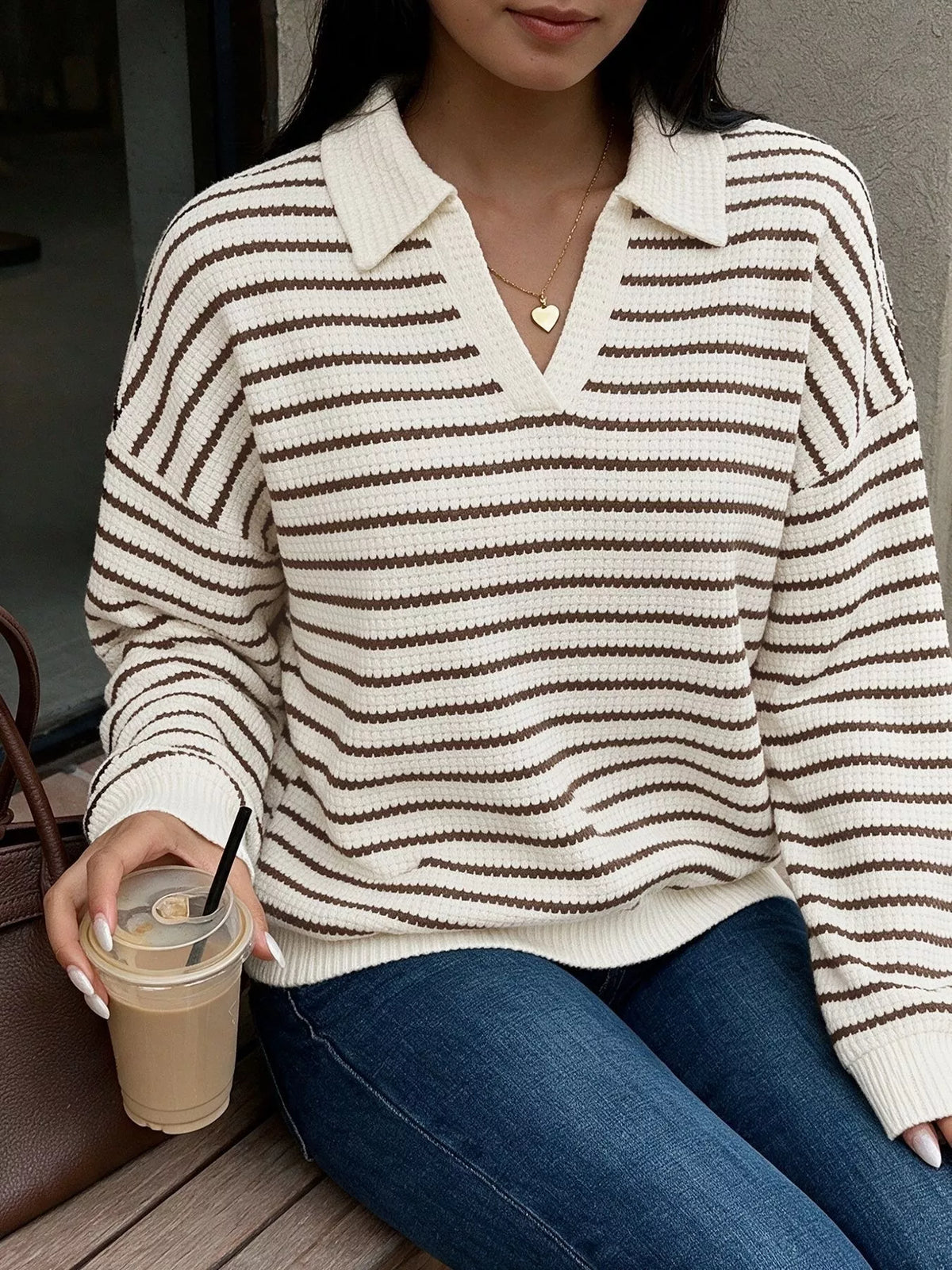 Randig sweatshirt med polokrage – bild 5