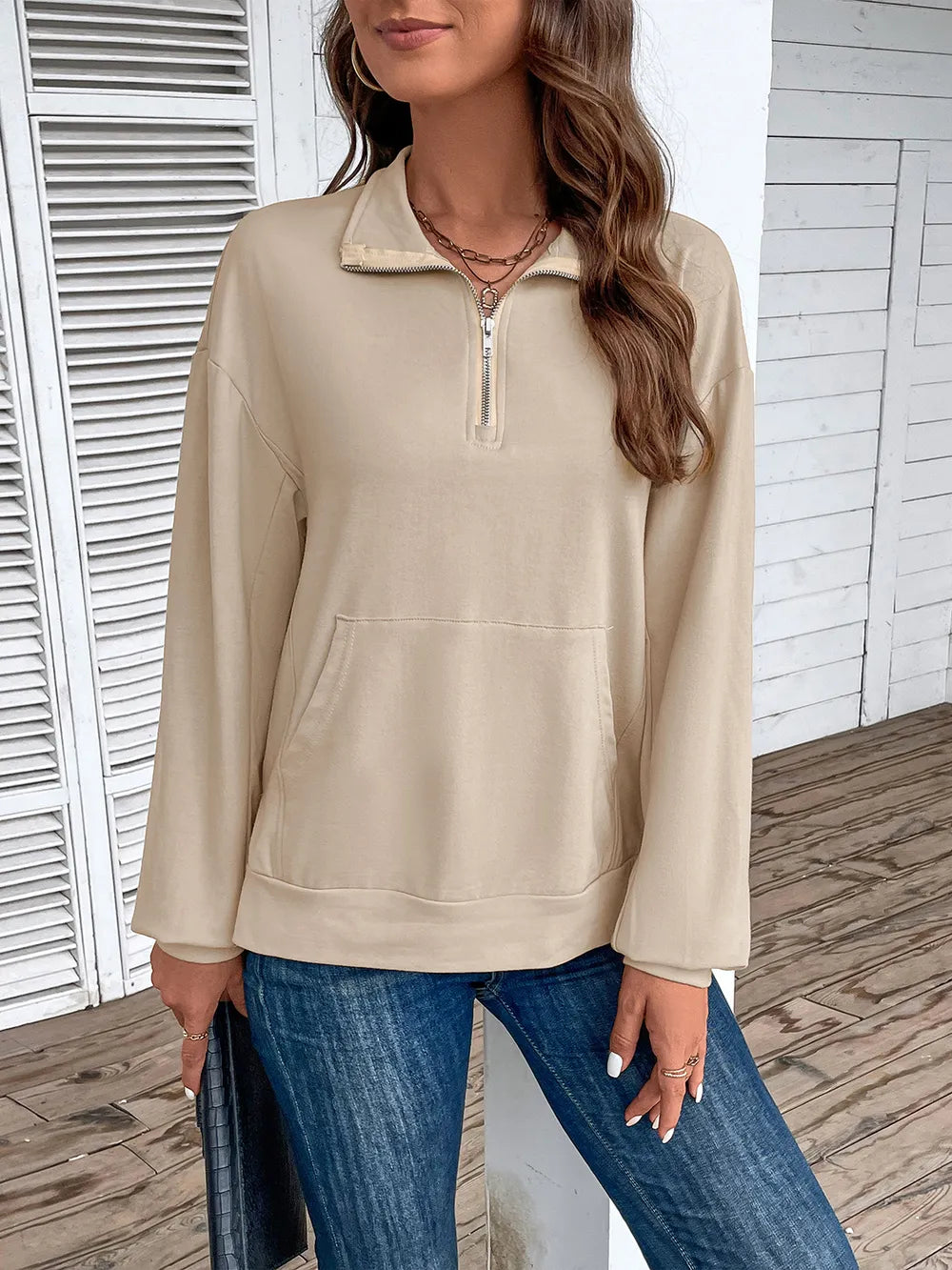 Sweatshirt med halv dragkedja och fickor – bild 3