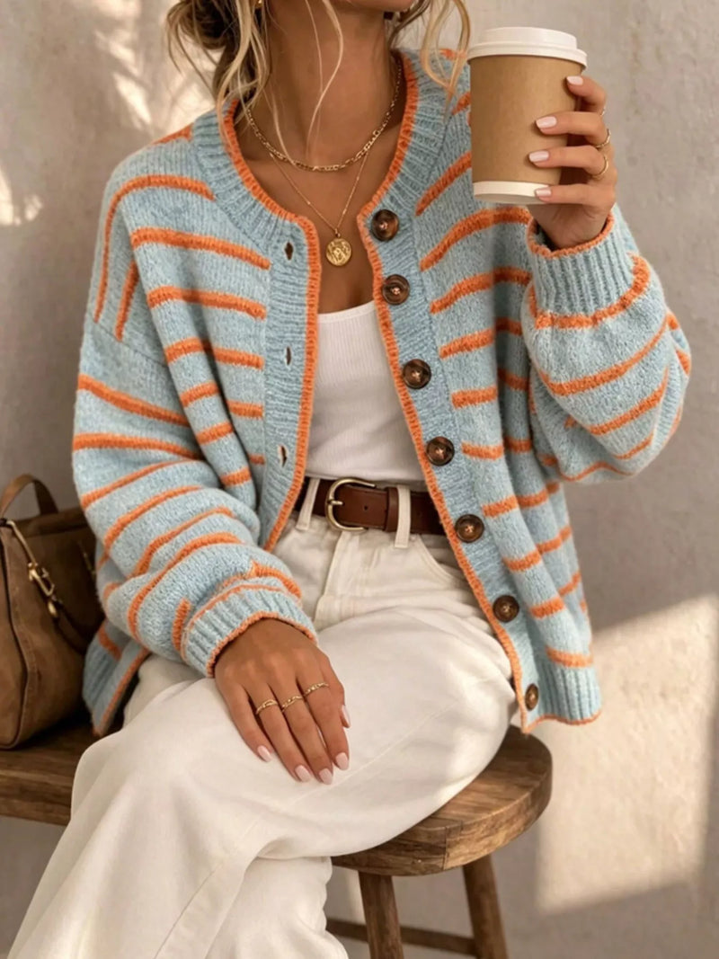 Randig stickad cardigan med knappstängning i polyester