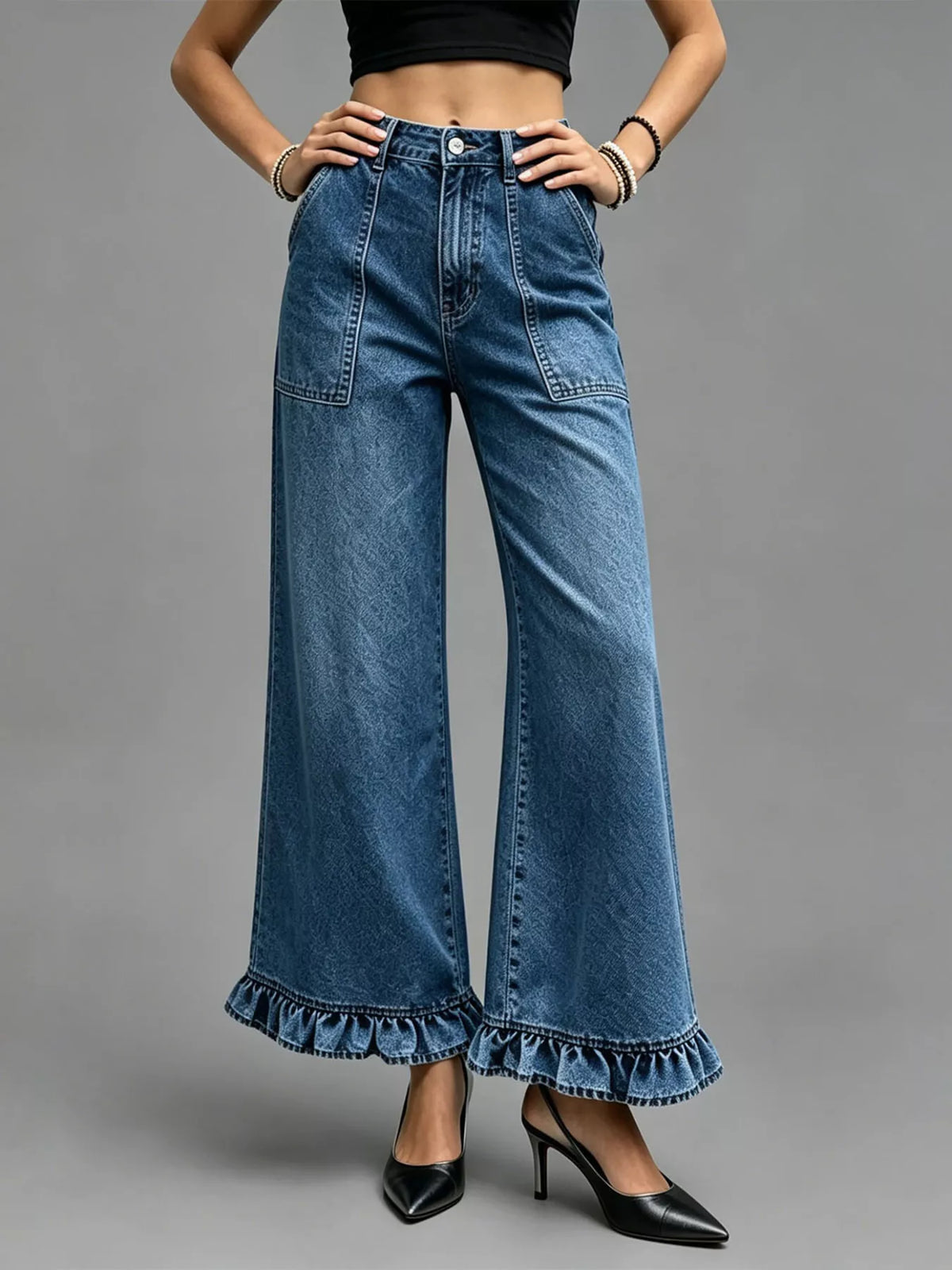 Vida jeans med hög midja och volang – bild 4