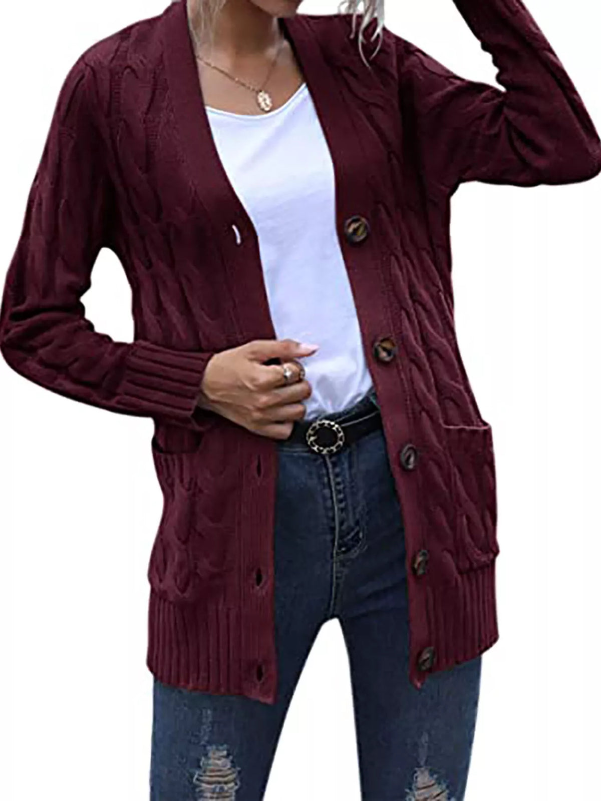 Grovstickad cardigan med knappstängning – bild 2