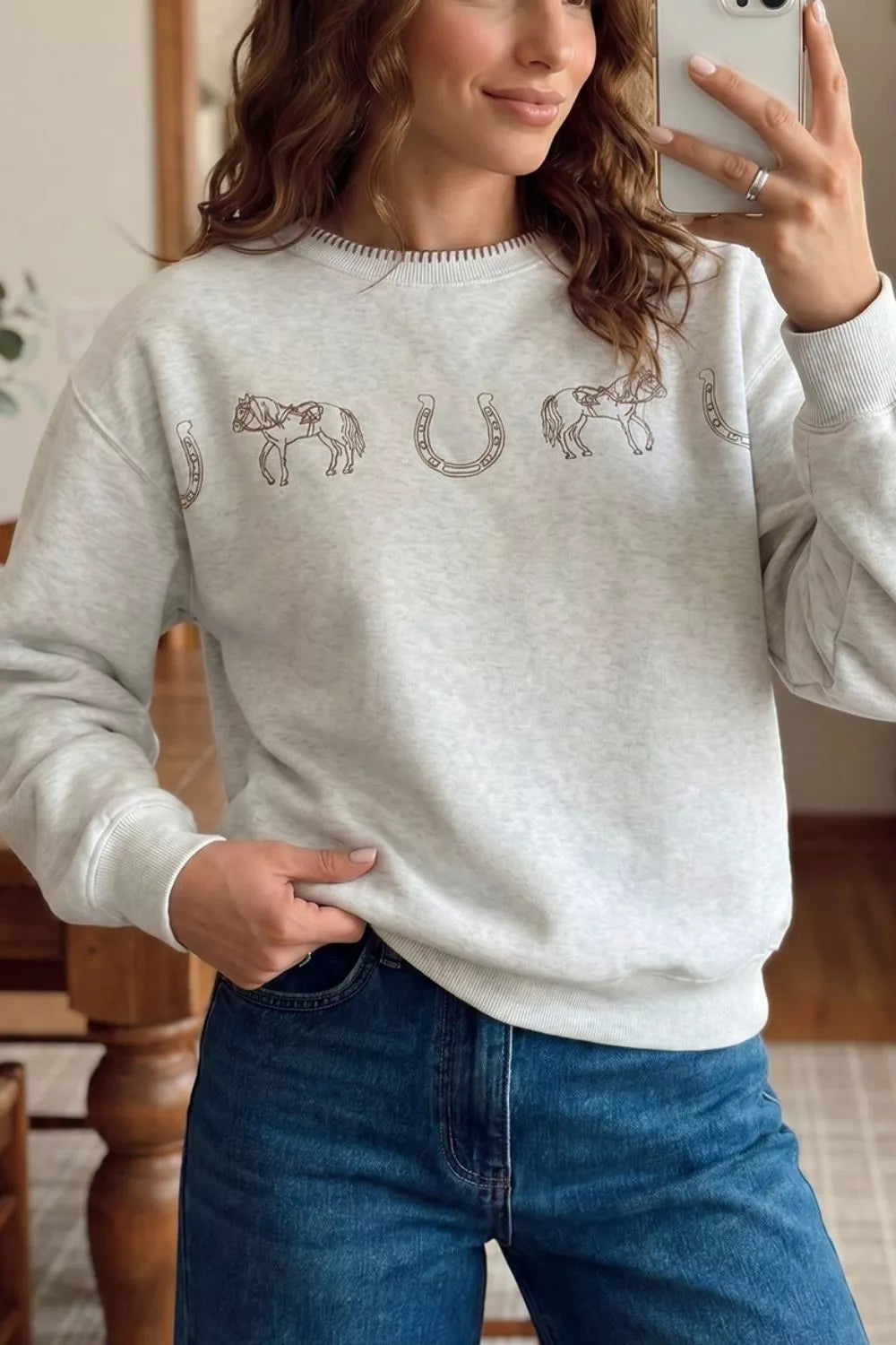 Sweatshirt med rund halsringning och tryck