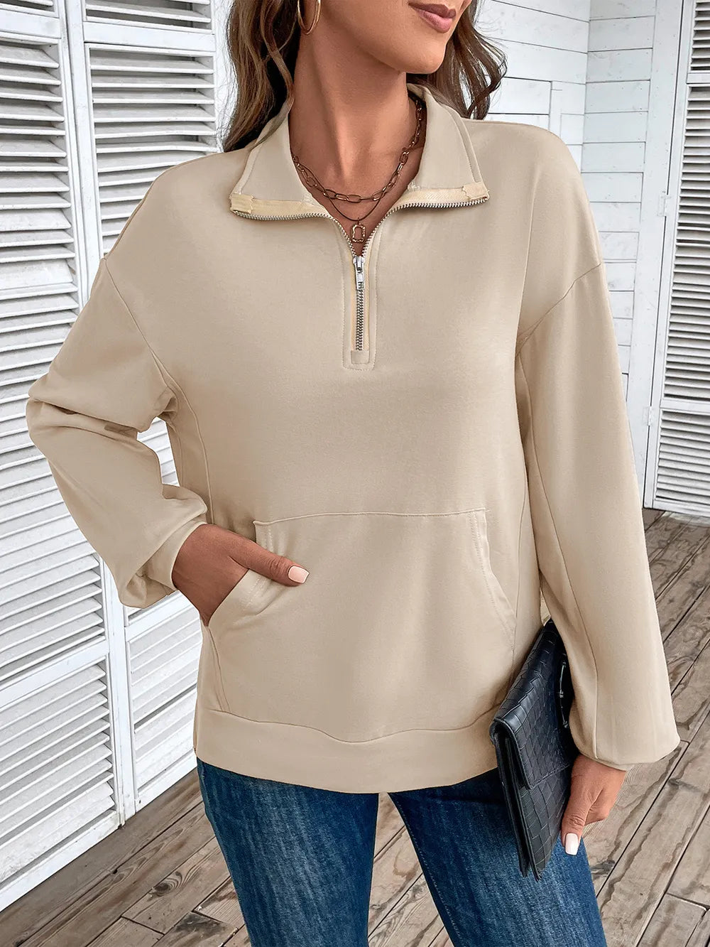 Sweatshirt med halv dragkedja och fickor – bild 2